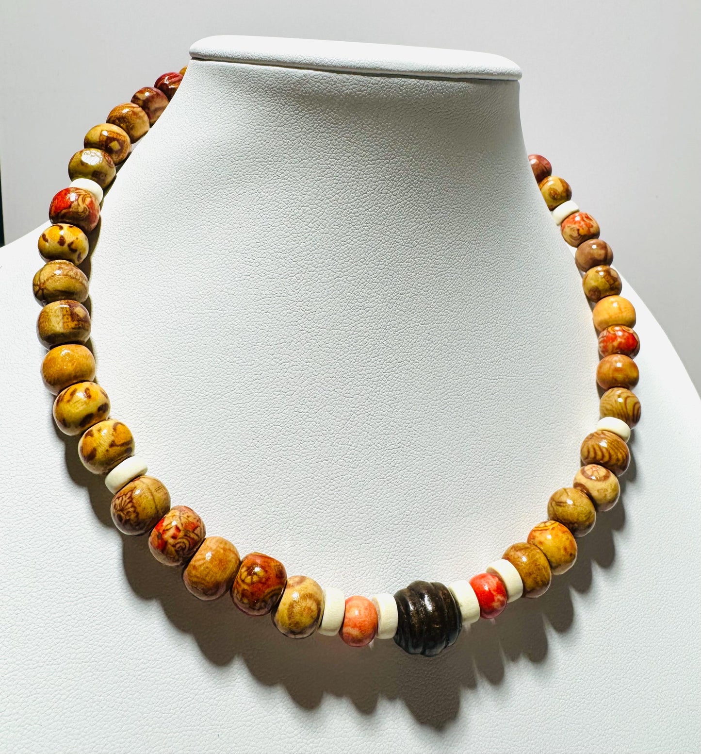 Beaded Necklace, Wood Necklace, Choker Necklace with Wood Beads, Bone, 3” Chain Extender, 17”, Gift for Her