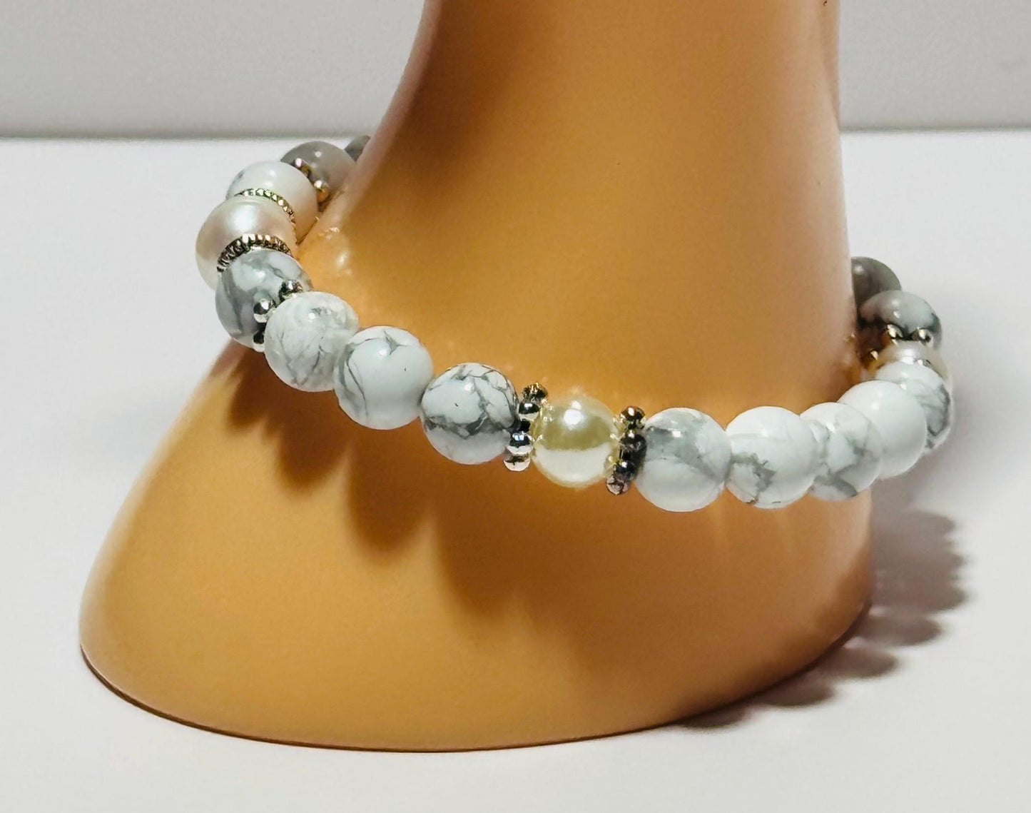 Natural White Howlite Bracelet, Potato Pearl Stretch Bracelet, Boho, Patience, New Beginnings, Resilience, Handmade, Beaded, Gemstones 6 3/4