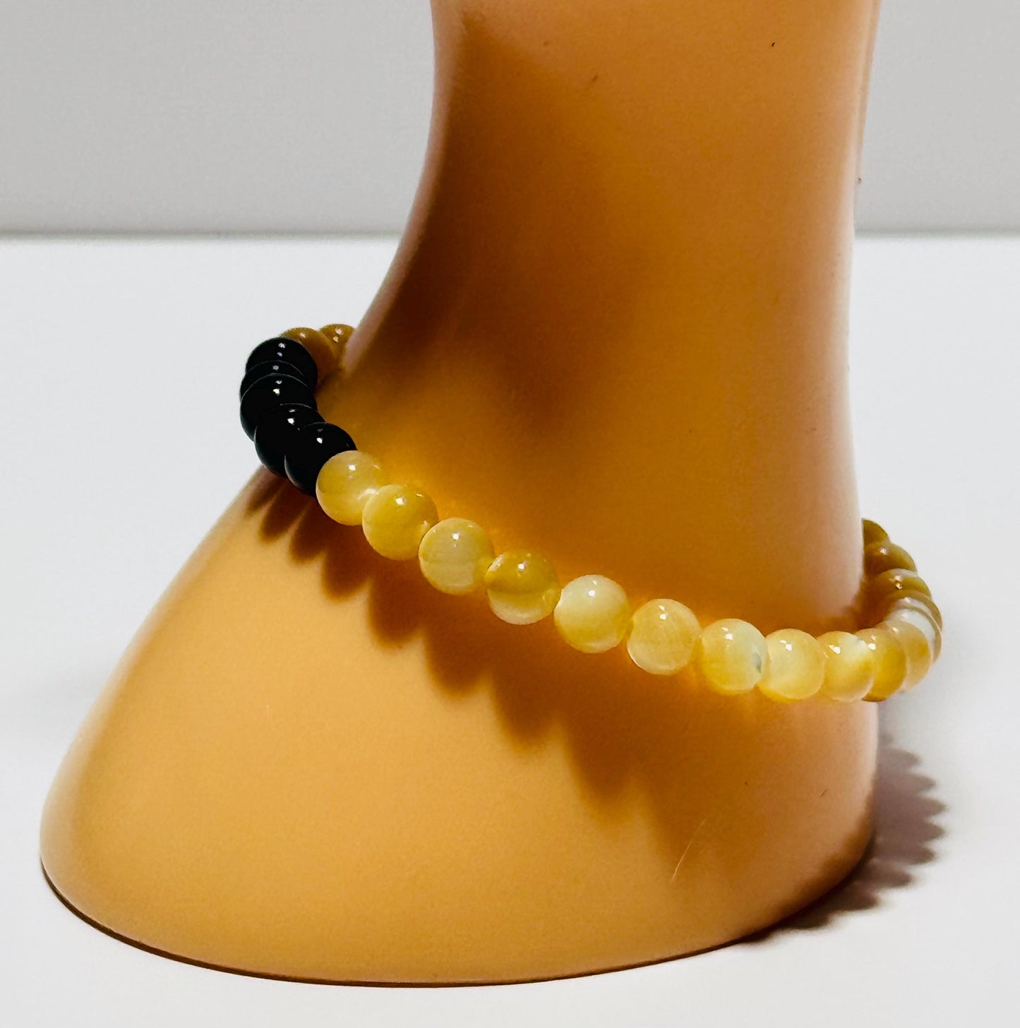 Perseverance, Love, Healing, Peace, Anxiety, Heart Chakra, Mother of Pearl Stretch Bracelet, Black Onyx Bracelet, Boho, Minimalist, 6.75”