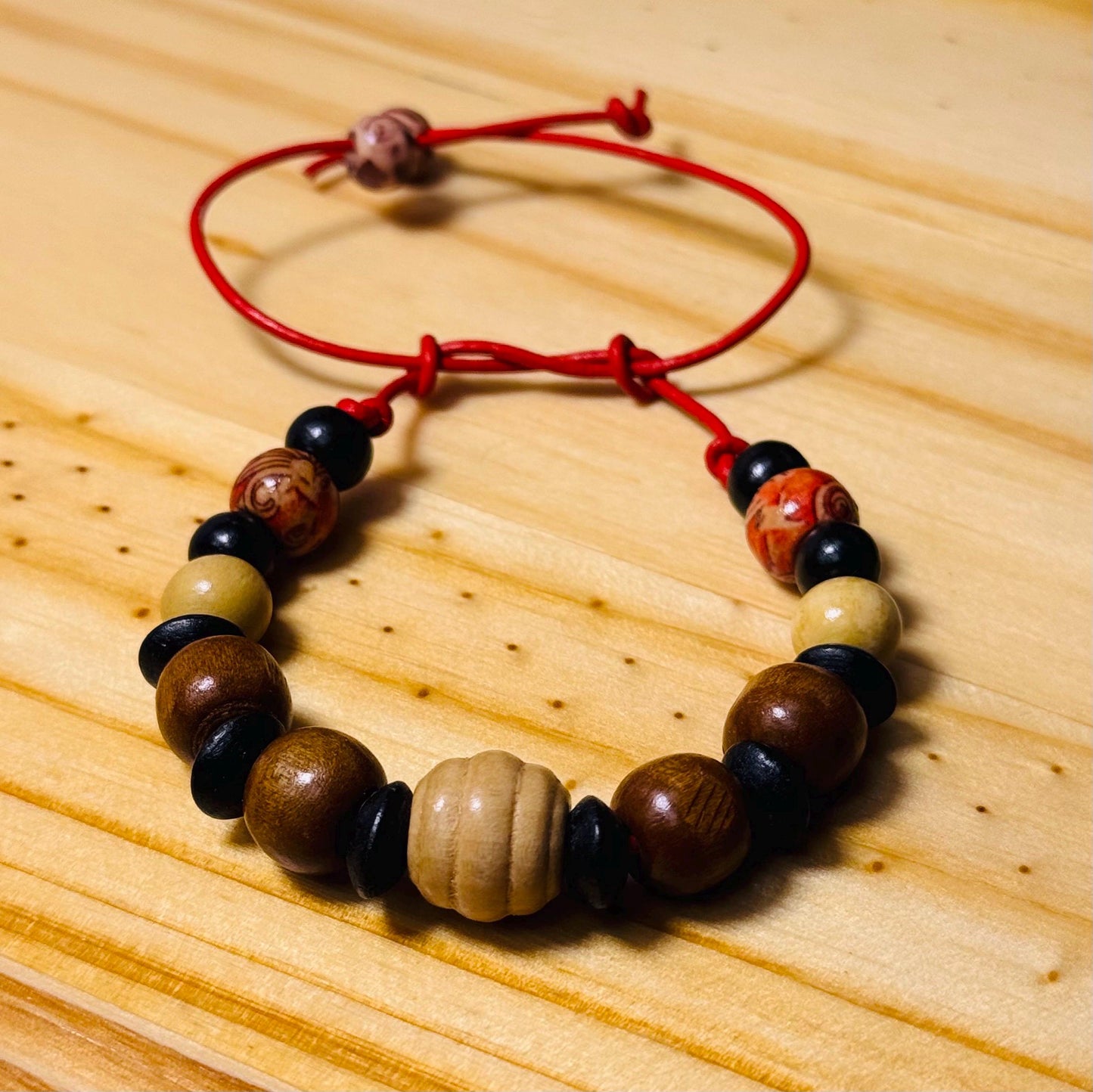 Adjustable Wood Bracelet, Wood Biker Bracelet, Wood Motorcycle Bracelet, Minimalist, Red Leather Cord 6” - 9 1/2”