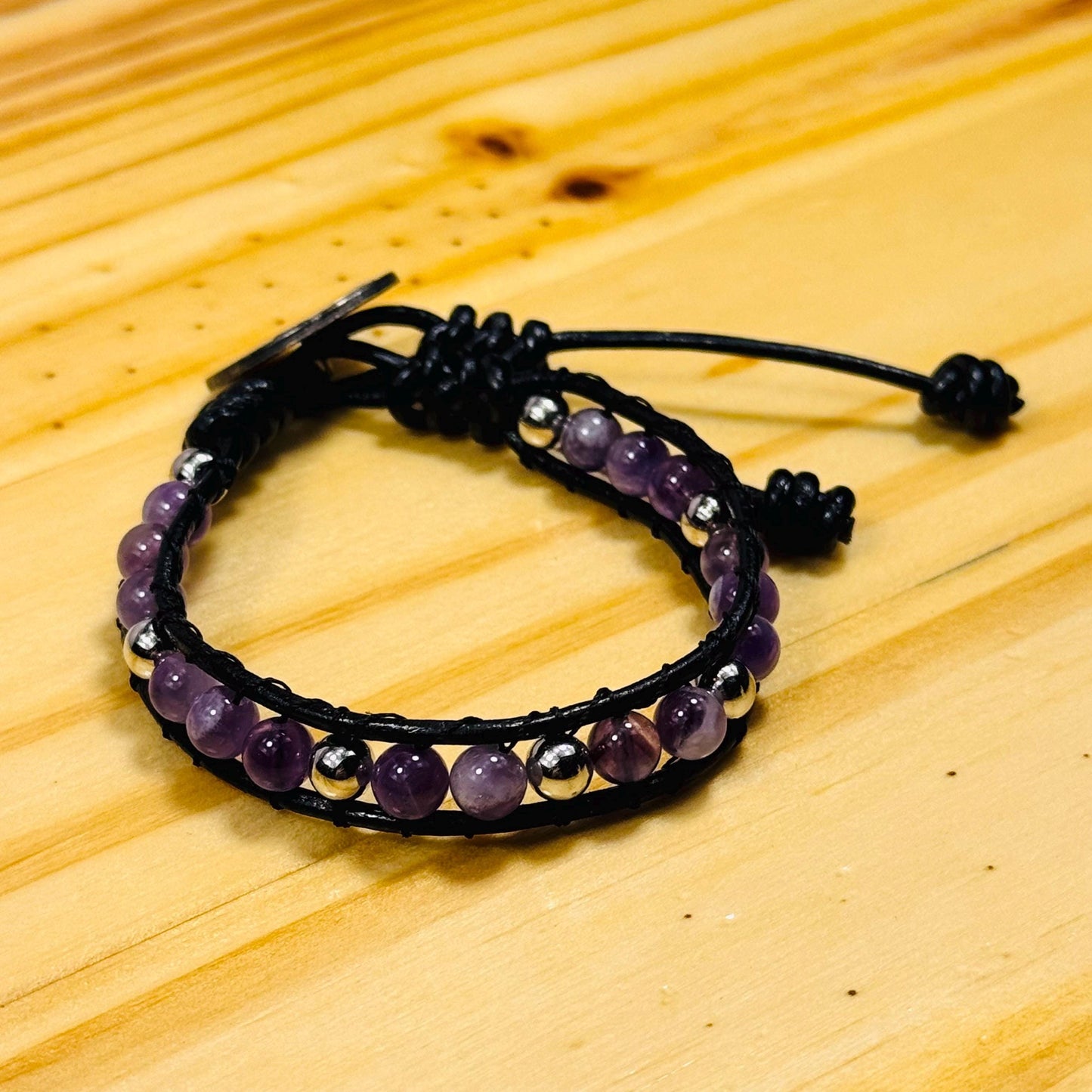 Calming, Anxiety, Tranquility, Protection, Negativity, Fear, Emotional Balance, Amethyst Bracelet, Black Leather,Button Closure, 7”-7.5”