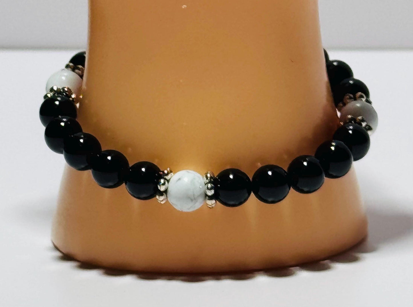 Natural Black Onyx Bracelet, Howlite Stretch Bracelet, Boho, Beaded, Pearl 6 1/2” Strength Confidence Beginnings Resilience Handmade