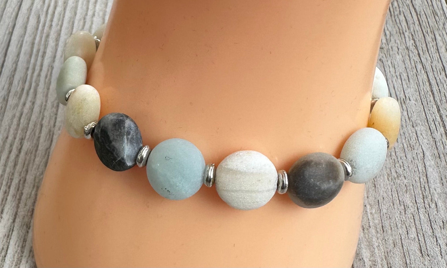 Enhances Love, Anxiety, Trauma, Healing, Integrity, Fatigue, Soothes Aggravated Situations, Natural Matte Amazonite Bracelet, Stretch, 6.5”