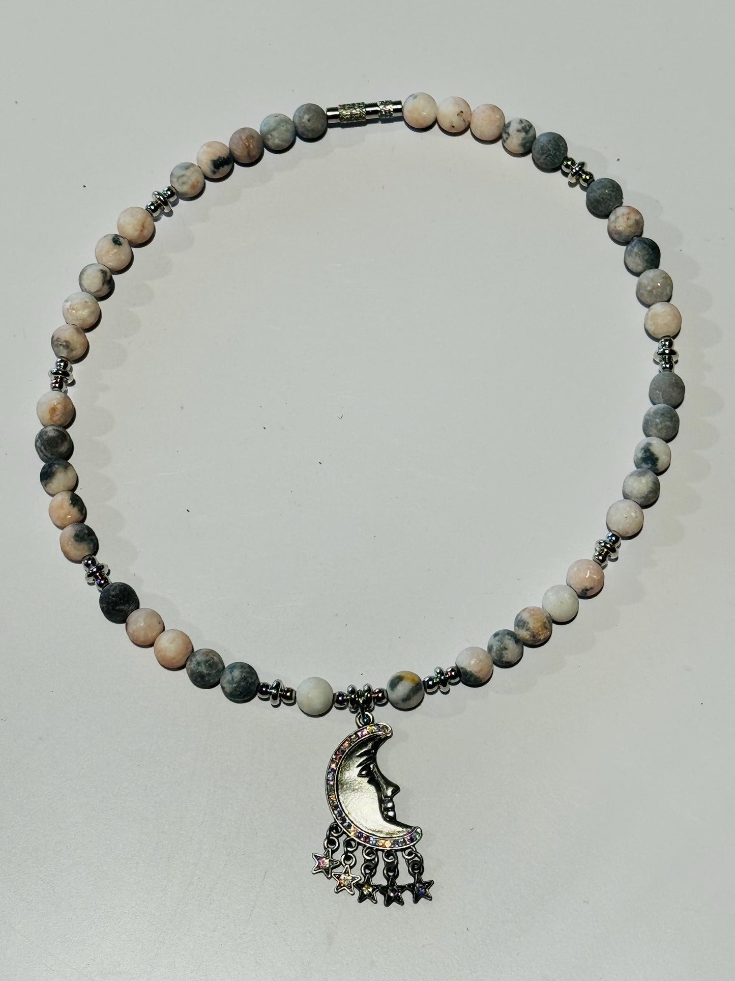 Beaded Pendant Necklace, Gemstone Necklace, Choker Pendant Necklace, Moon and Stars Pendant, Gift For Her, Pink Zebra Jasper, Stability