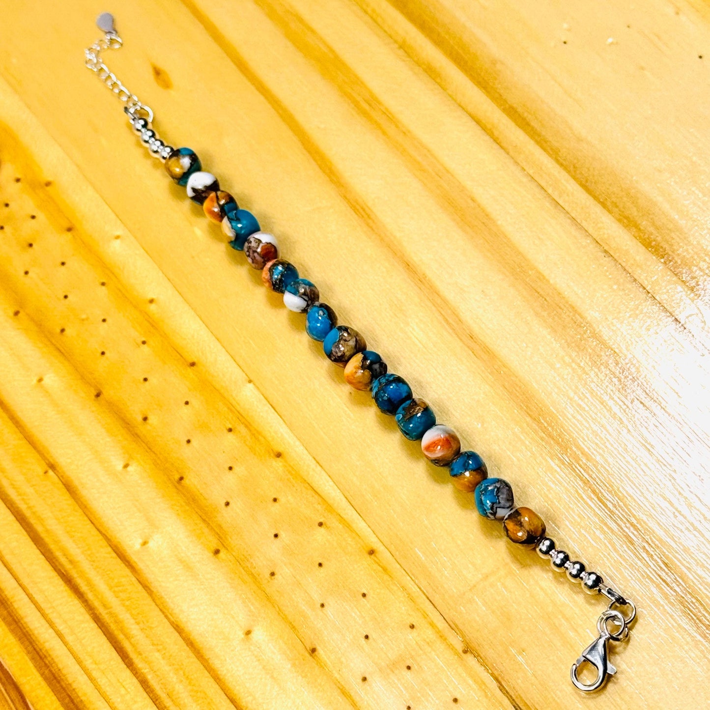 Handcrafted Kingman Bronze Spiny Oyster Turquoise Bracelet, 925 Sterling Silver, Adjustable with Extender Chain. 6.25” - 7.5”