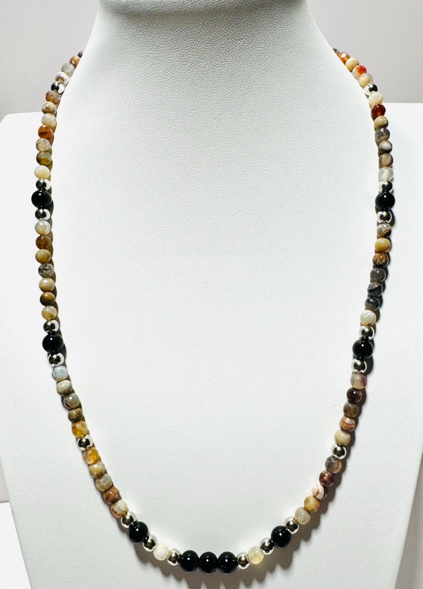 Fire Agate Necklace, Minimalist, Boho, Black Onyx Necklace, Handmade, Gift for Her, 25” Semi Precious Gemstones, Courage, Creativity
