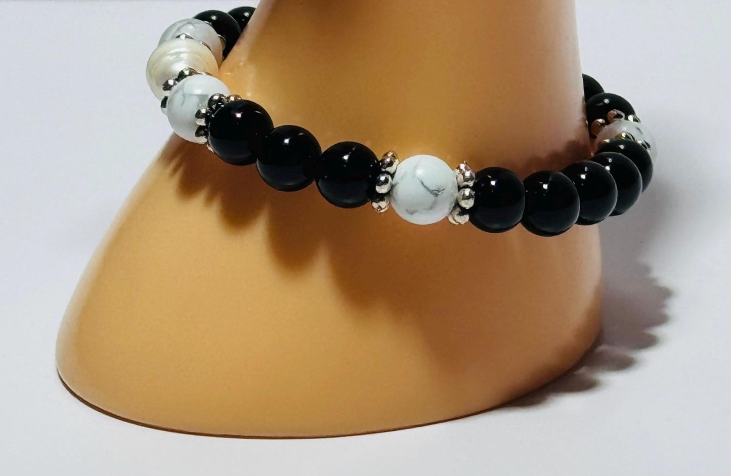 Natural Black Onyx Bracelet, Howlite Stretch Bracelet, Boho, Beaded, Pearl 6 1/2” Strength Confidence Beginnings Resilience Handmade