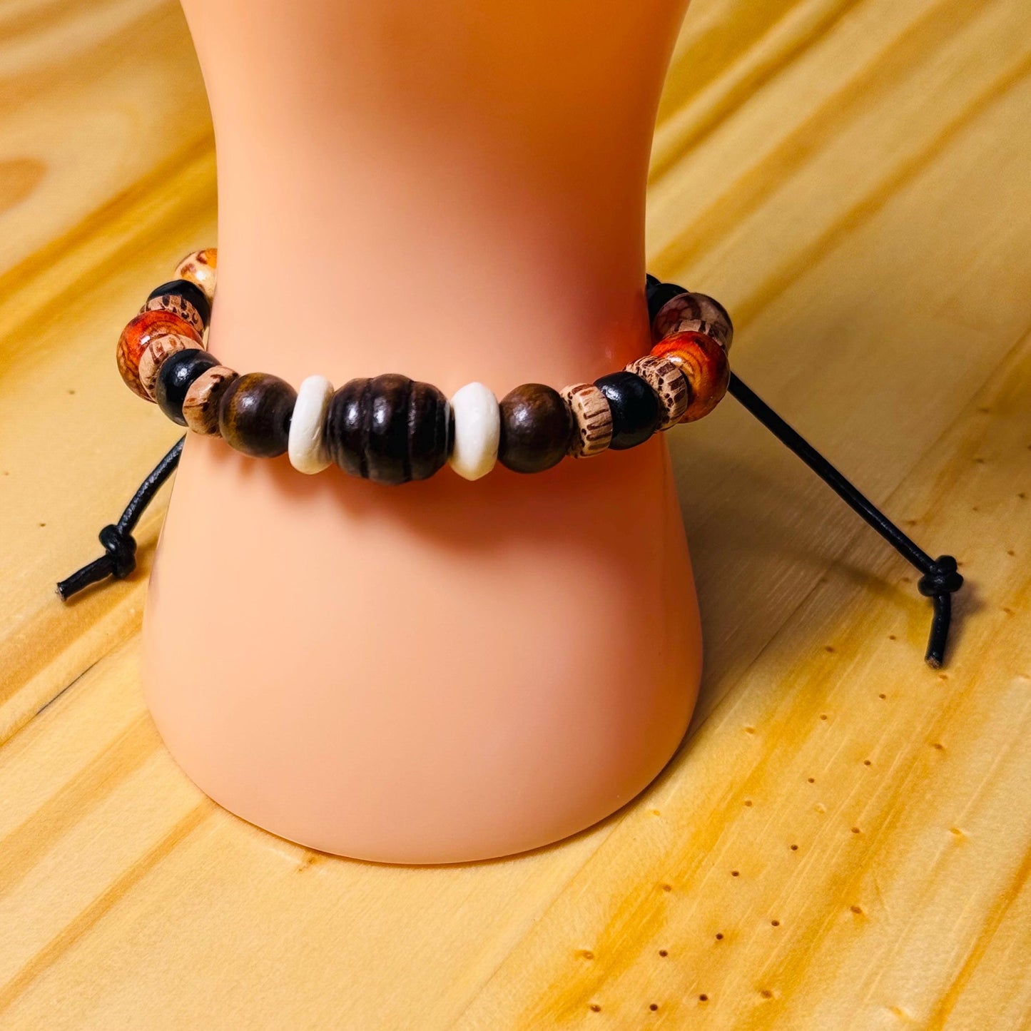 Adjustable Bracelet with Wood Beads, Bone Highlights & Leather Cord, 6 1/2” - 8 1/2”, Boho, Beaded Bracelet, Gift