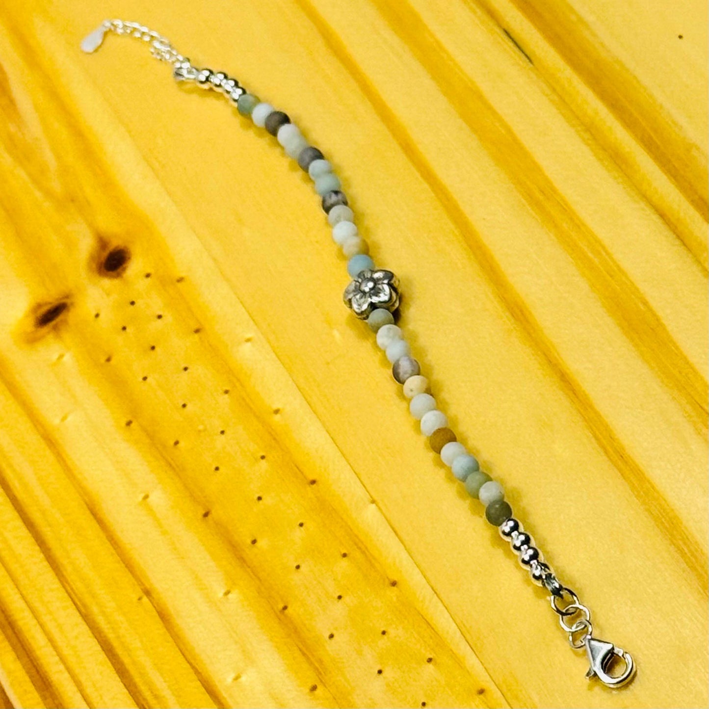 Handcrafted Amazonite Bracelet, 925 Sterling Silver, Karen Hill Tribe Floral Centerpiece, Adjustable with Extender Chain 6.5” - 7.75”