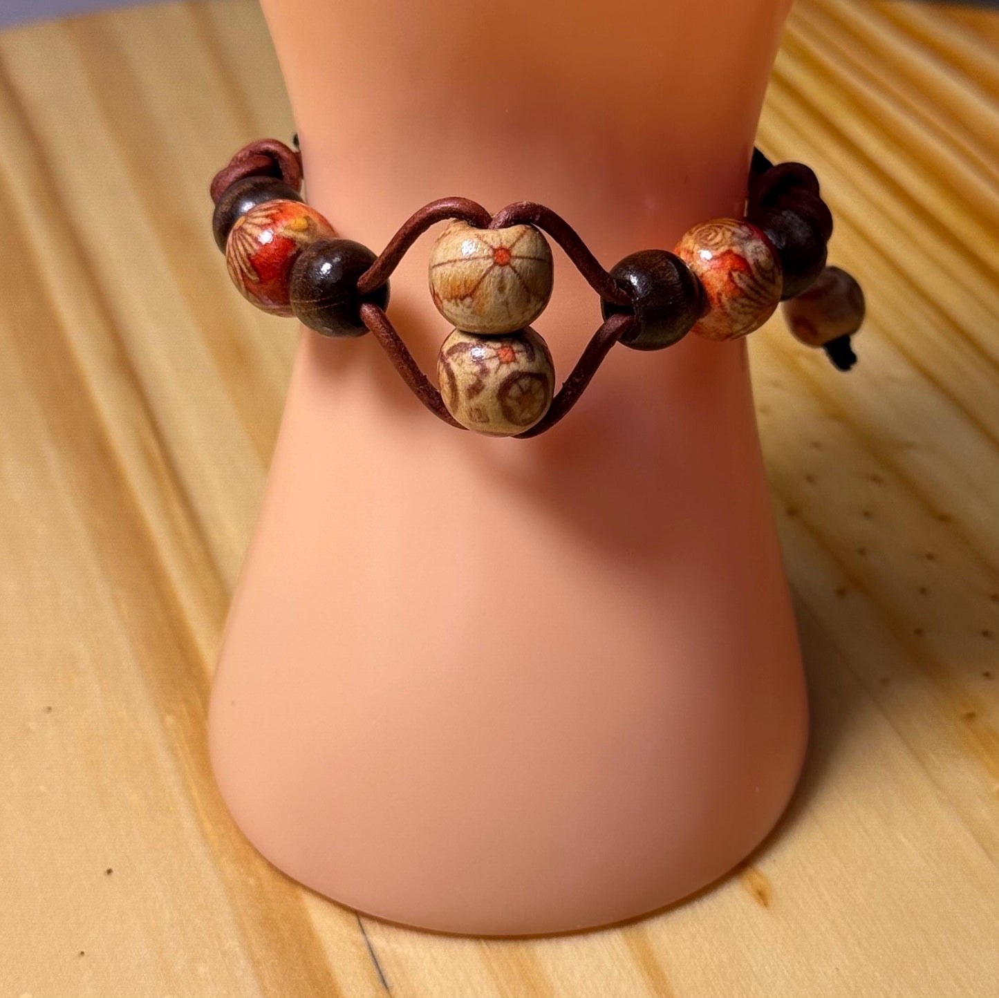 Adjustable Bracelet, Painted Wood Bracelet, Wood Biker Bracelet, Wood Motorcycle Bracelet,Boho, Minimalist, Unisex, Leather Cord 5” - 8 1/2”