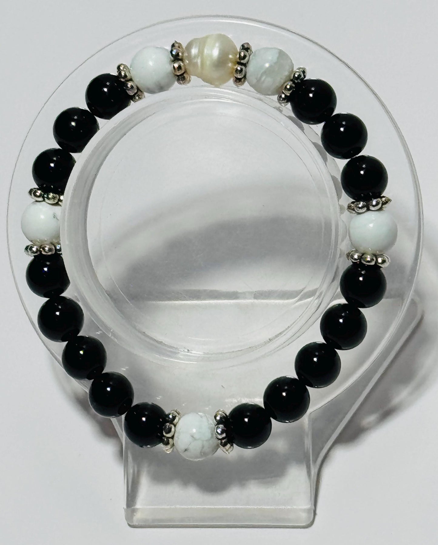 Natural Black Onyx Bracelet, Howlite Stretch Bracelet, Boho, Beaded, Pearl 6 1/2” Strength Confidence Beginnings Resilience Handmade