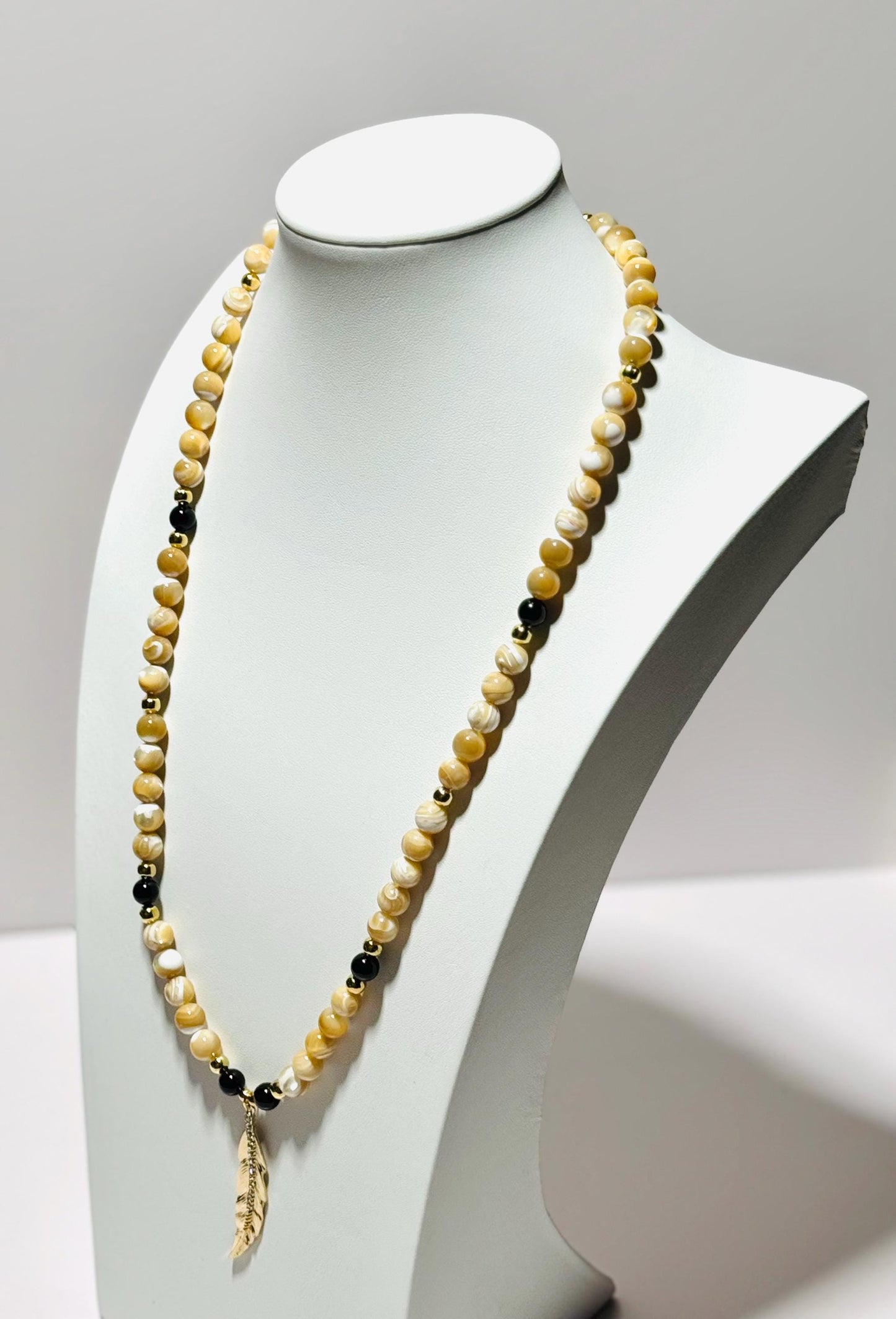 Mother of Pearl Pendant Necklace, Leaf Pendant, Black Onyx, Tiny Rhinestones, Chunky, Boho, Bohemian, Gift for Her, 28”