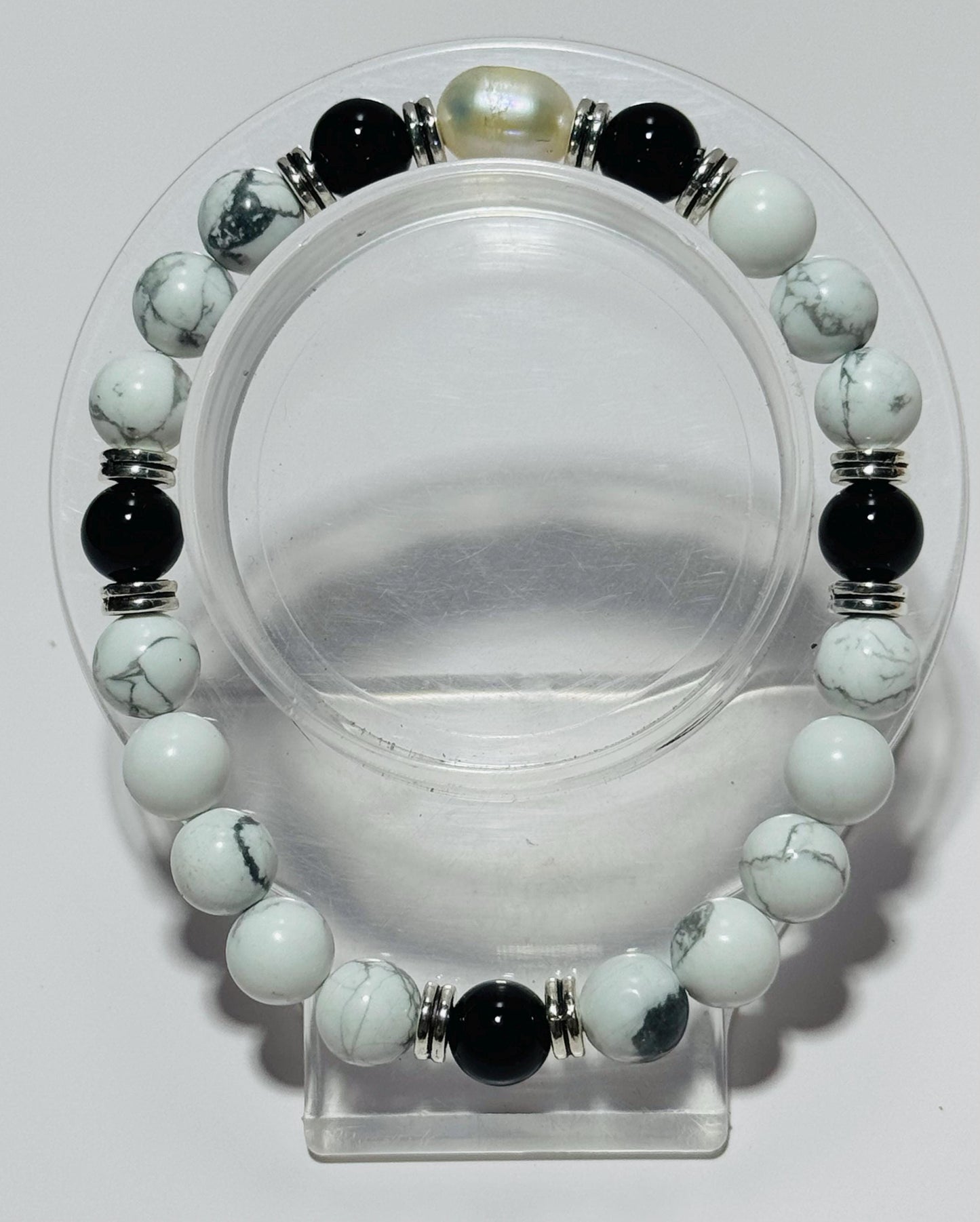 Natural Howlite Bracelet, Black Onyx & Potato Pearl Bracelet, Stacking, Boho, Bracelet, Gift, Bohemian, 7 1/2” Handmade, Beaded, Gemstones