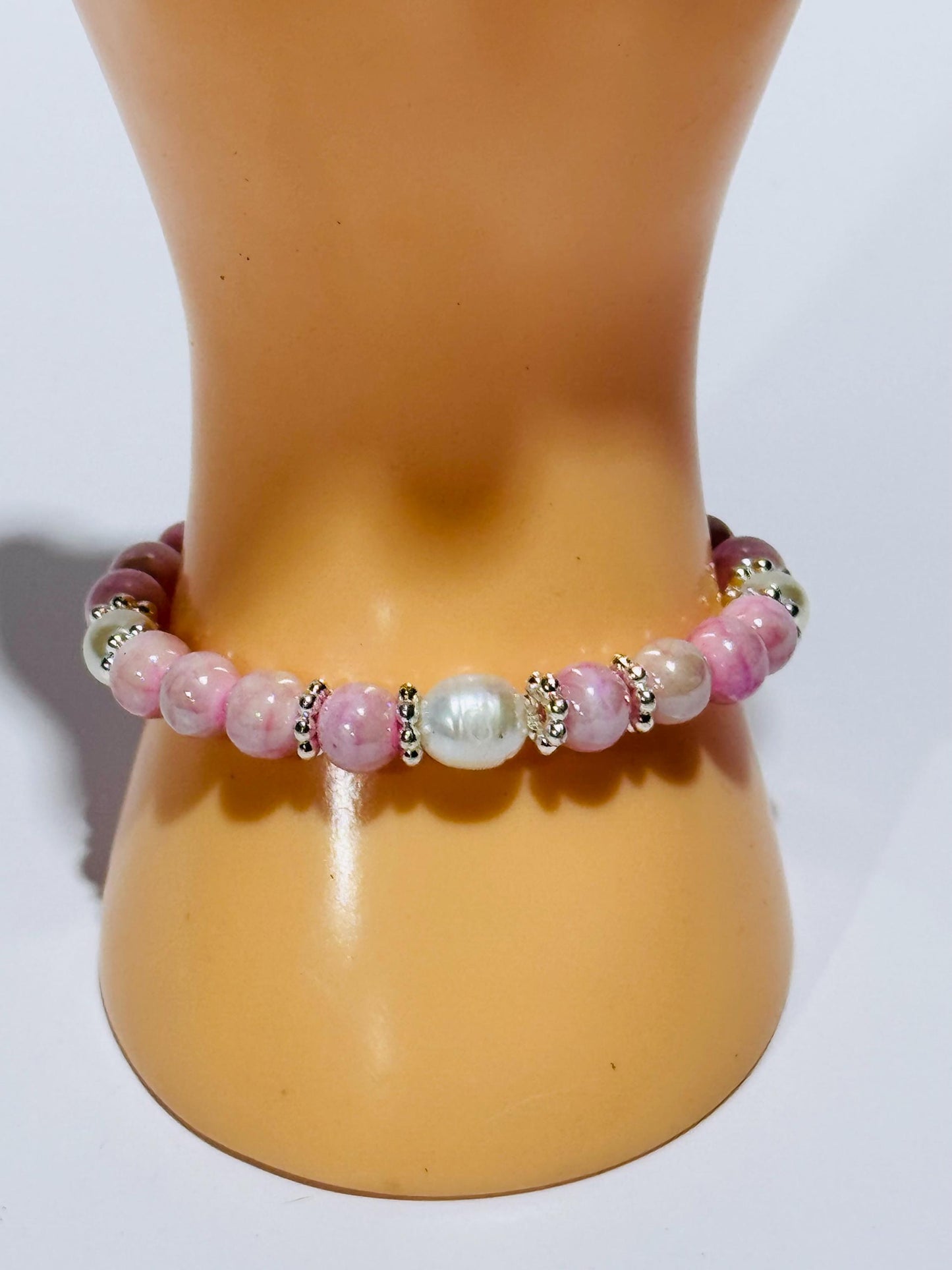 Pink Opalescent Crystal Bracelet, Pearl Stretch Bracelet, Fresh Water Pearl Bracelet, Boho Bracelet, Minimalist, Stacking, Gift 6.5”