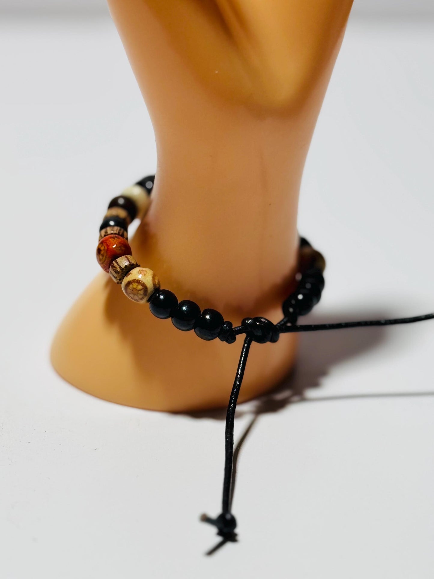 Adjustable Bracelet with Wood Beads, Bone Highlights & Leather Cord, 6 1/2” - 8 1/2”, Boho, Beaded Bracelet, Gift