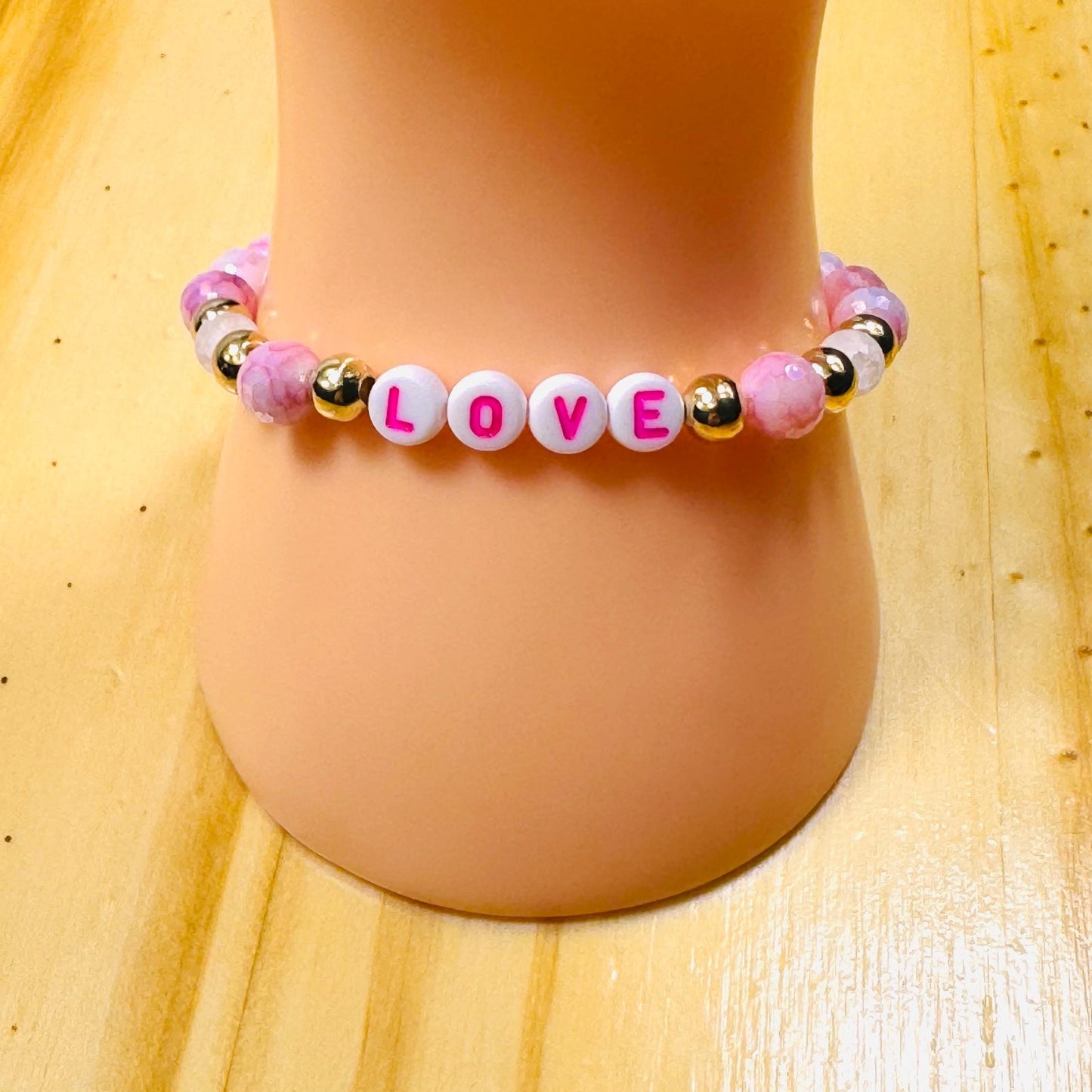 Love Stretch Bracelet, Dainty Pink Faceted Love Crystal Bracelet, Pink Boho Bracelet, Minimalist, Stacking Bracelet, Gift, 7”