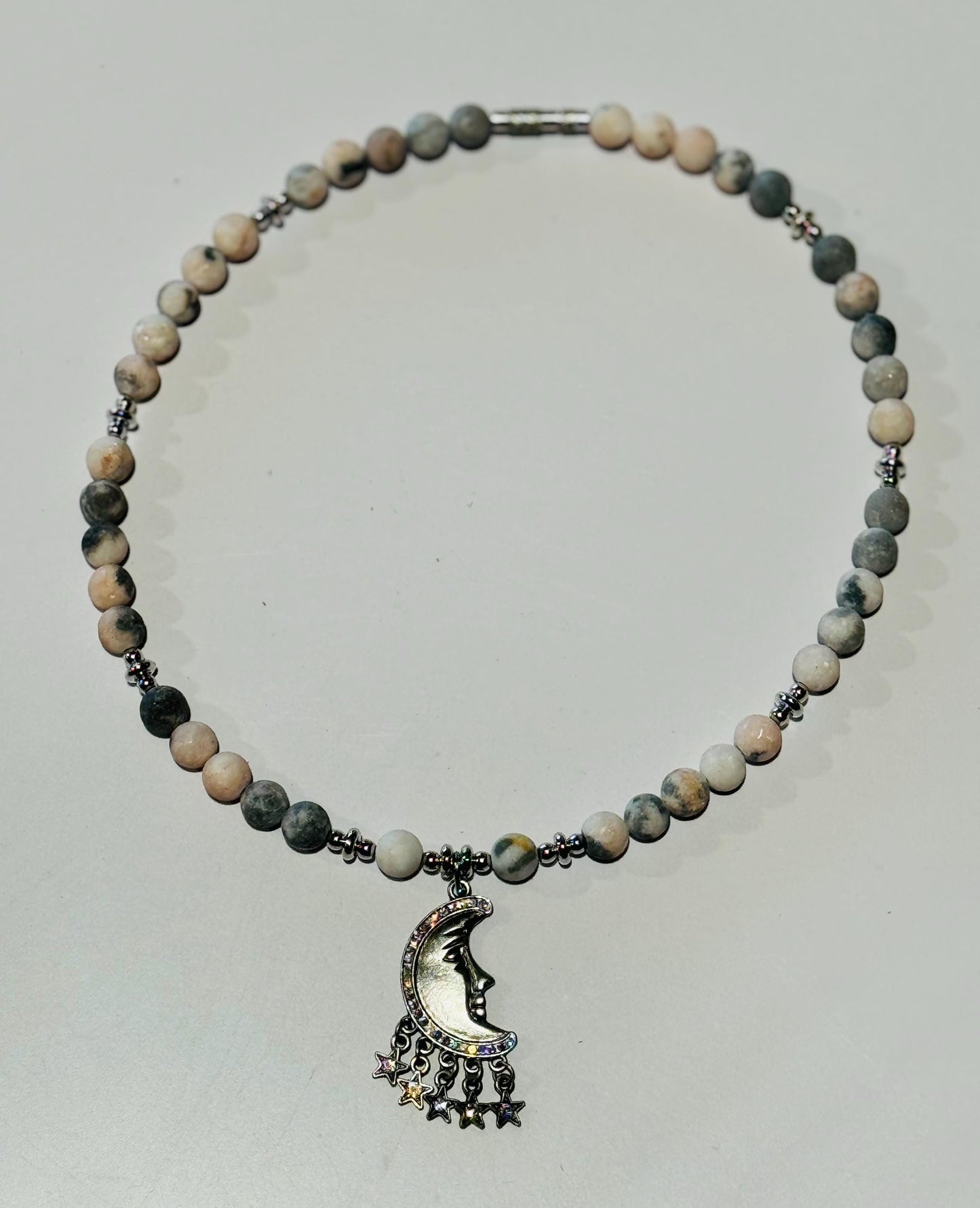 Beaded Pendant Necklace, Gemstone Necklace, Choker Pendant Necklace, Moon and Stars Pendant, Gift For Her, Pink Zebra Jasper, Stability