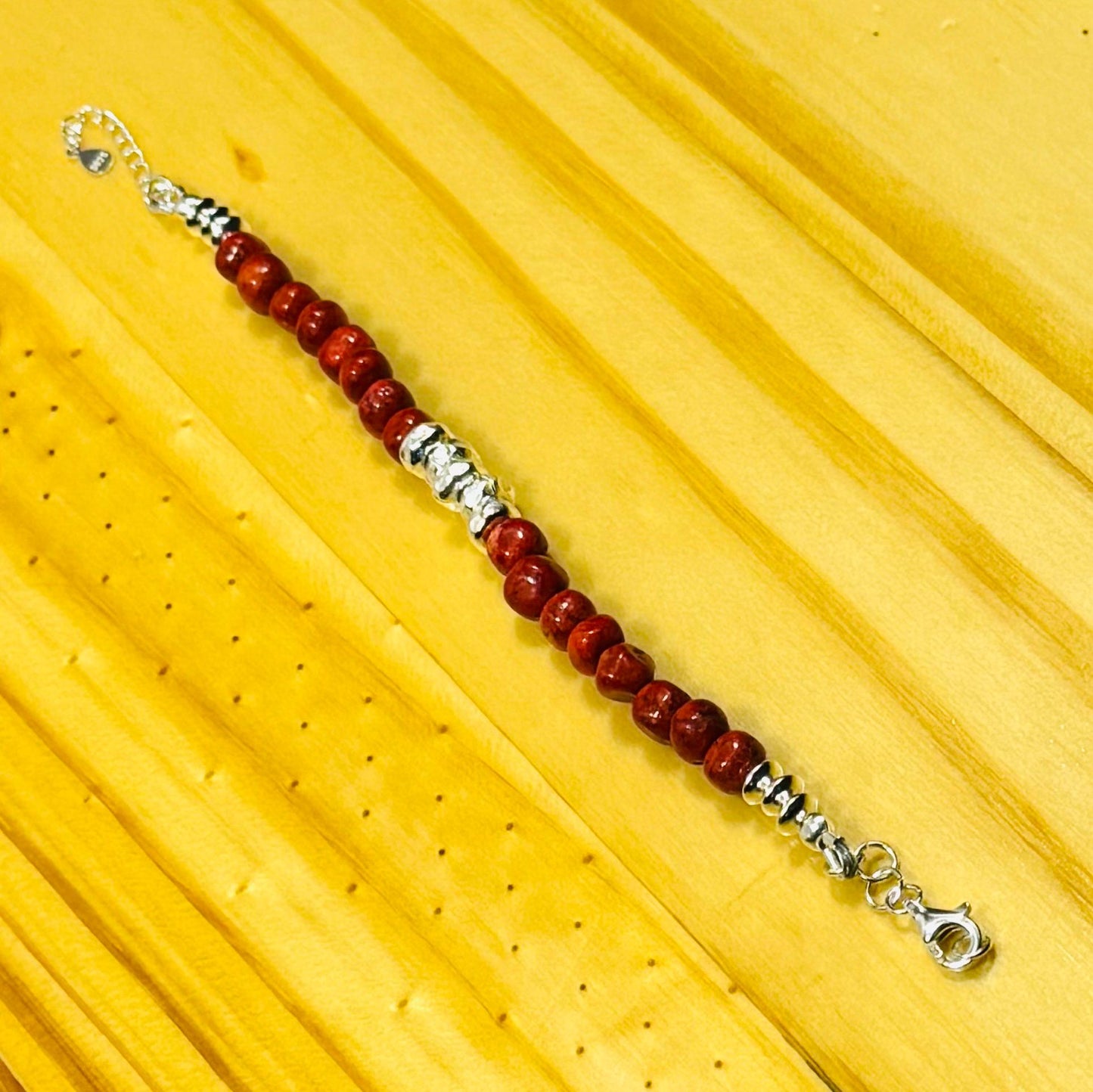 925 Sterling Silver Bracelet – Natural Apple Coral, Adjustable, Handcrafted, Karen Hill Tribe Sterling Silver Centerpiece Beads 6.25” - 7.5”