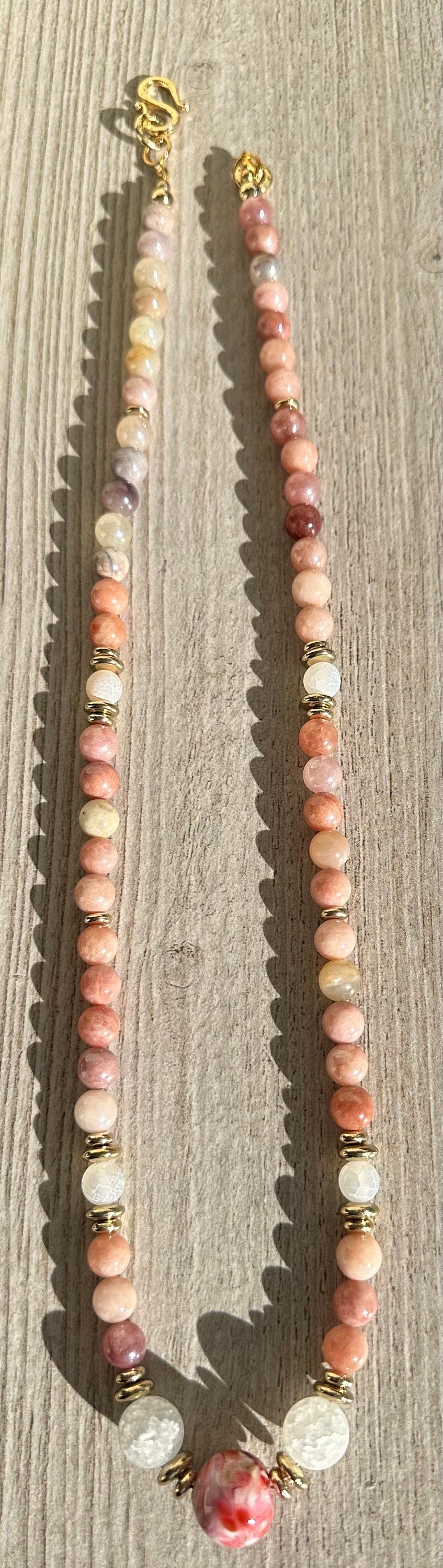 Sunstone Necklace, Botswana Agate 16mm Centerpiece, Chunky Necklace, Boho, Bohemian, Semi Precious Gemstones, Gift for Her, 26”, Leadership