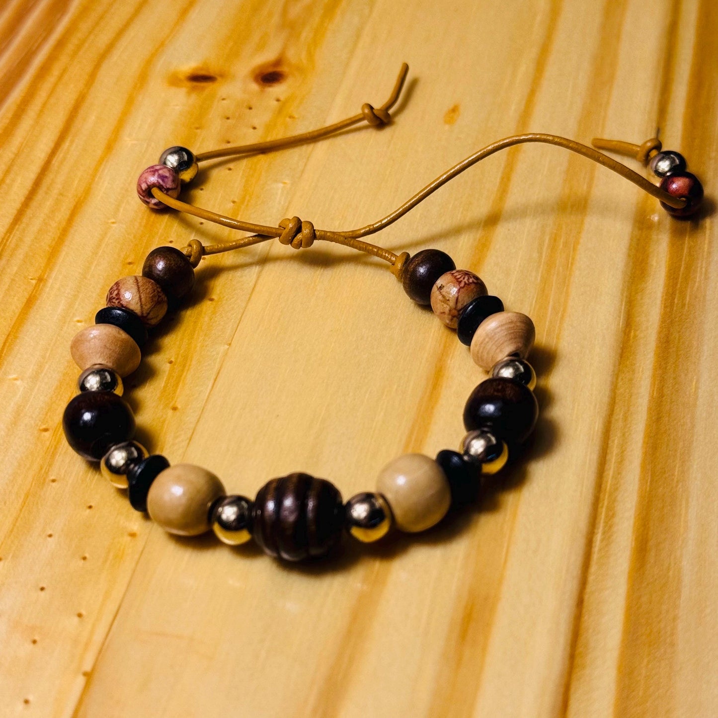 Adjustable Wood Bracelet, Biker Wood Bracelet, Wood Motorcycle Bracelet, Boho Bracelet, Minimalist, Leather Cord 7 1/2” - 10”
