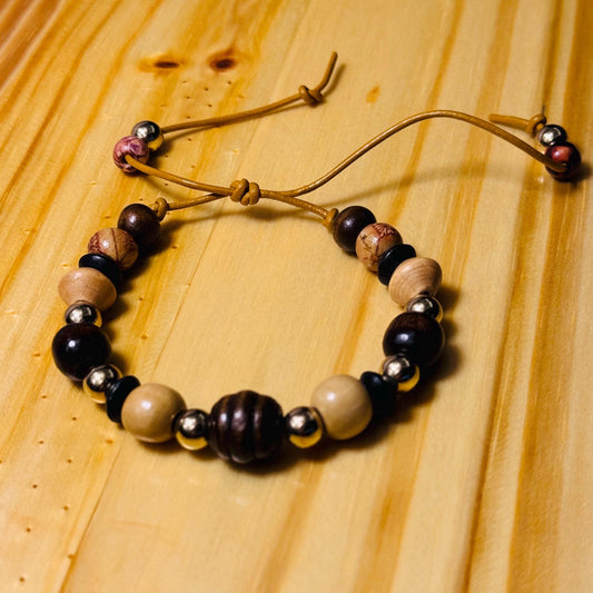 Adjustable Wood Bracelet, Biker Wood Bracelet, Wood Motorcycle Bracelet, Boho Bracelet, Minimalist, Leather Cord 7 1/2” - 10”