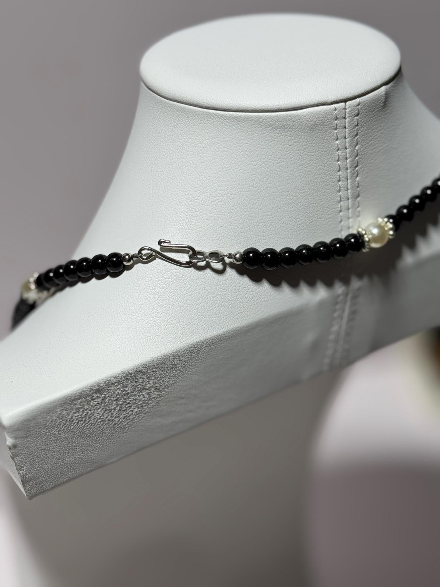 Black Onyx Beaded Necklace, Pearl Necklace, Beaded Necklace,  Healing Necklace, Handmade Necklace 28 3/4”, Strength, Confidence, Resilience