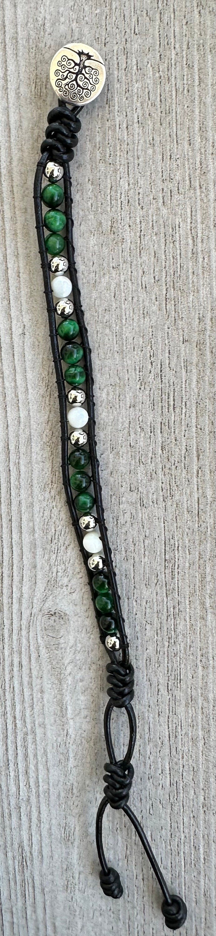 White Mother of Pearl Leather Wrap Bracelet, Boho, Green Tiger Eye Leather Bracelet, Beaded, 7 3/4”-8”  Prosperity
