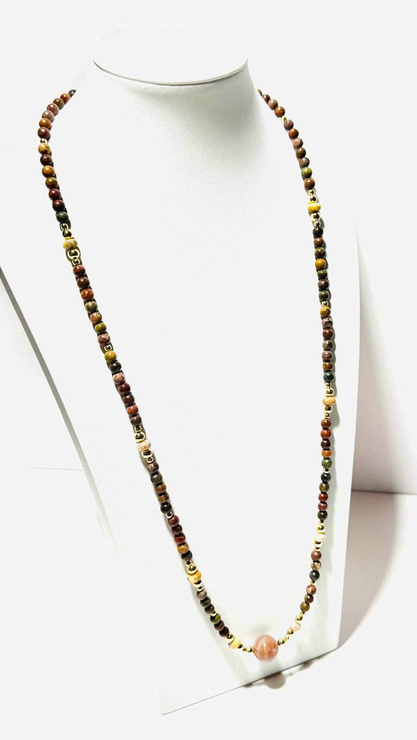 Picasso Jasper Necklace, Crazy Lace Agate Rondelles, 16mm Agate Centerpiece, Semi Precious Gemstone, Beads, Gift for Her, 34”, Encouragement