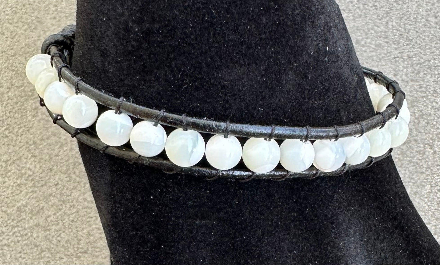 Stunning White Mother of Pearl Shell Black Leather Trim Bracelet 7 3/4” - 8” Wrist Prosperity Courage Grit Energy Gift