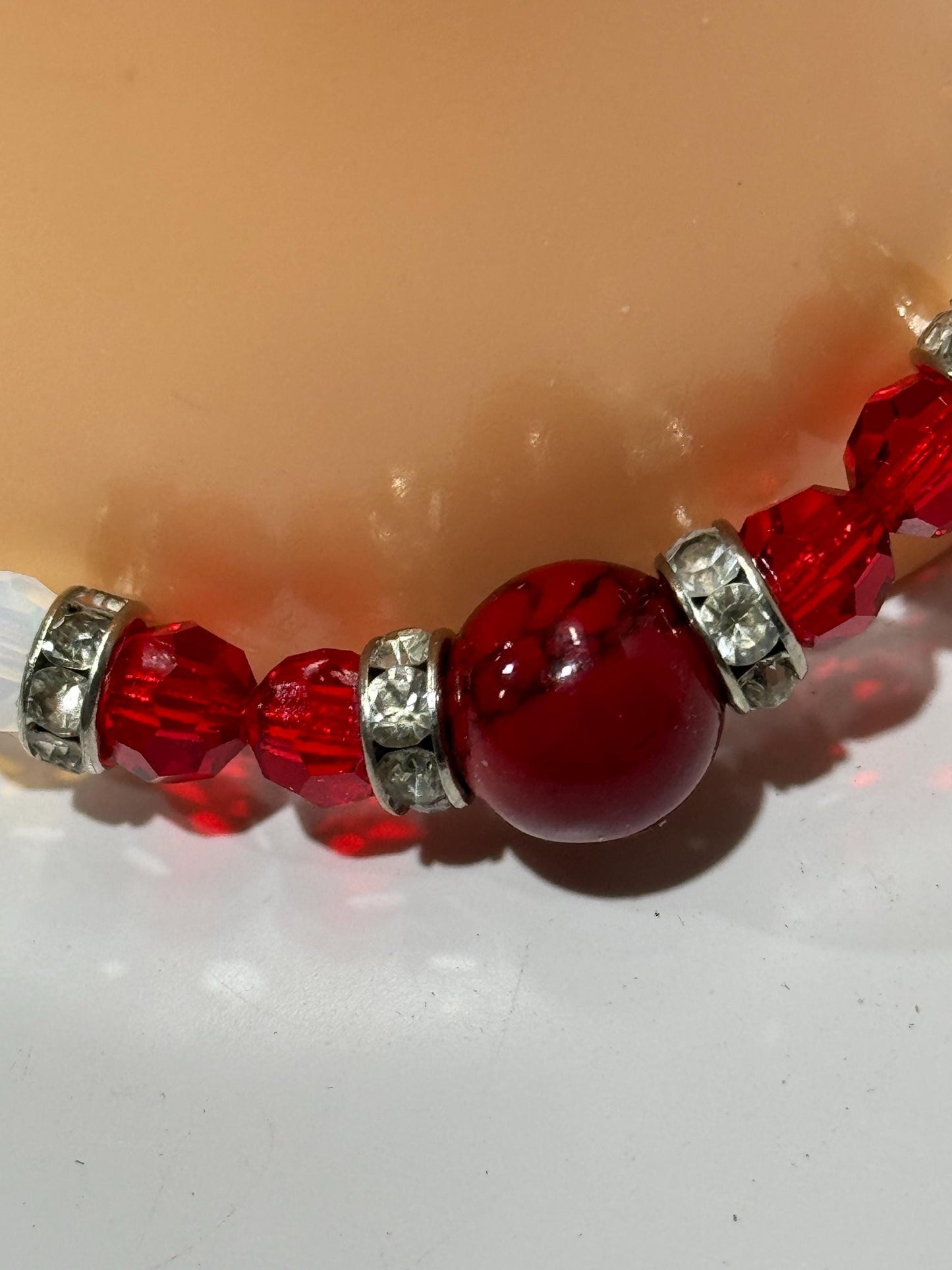 Rhinestone Red Quartzite Bracelet, Stretch Bracelet Handmade Beaded Bracelet, Red & White Faceted Glass Beads - Stacking, Boho, 7 1/2” Gift
