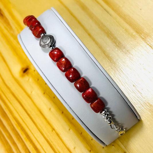925 Sterling Silver Bracelet – Natural Apple Coral, Adjustable, Handcrafted, Karen Hill Tribe Sterling Silver Floral Centerpiece 7” - 8.25”