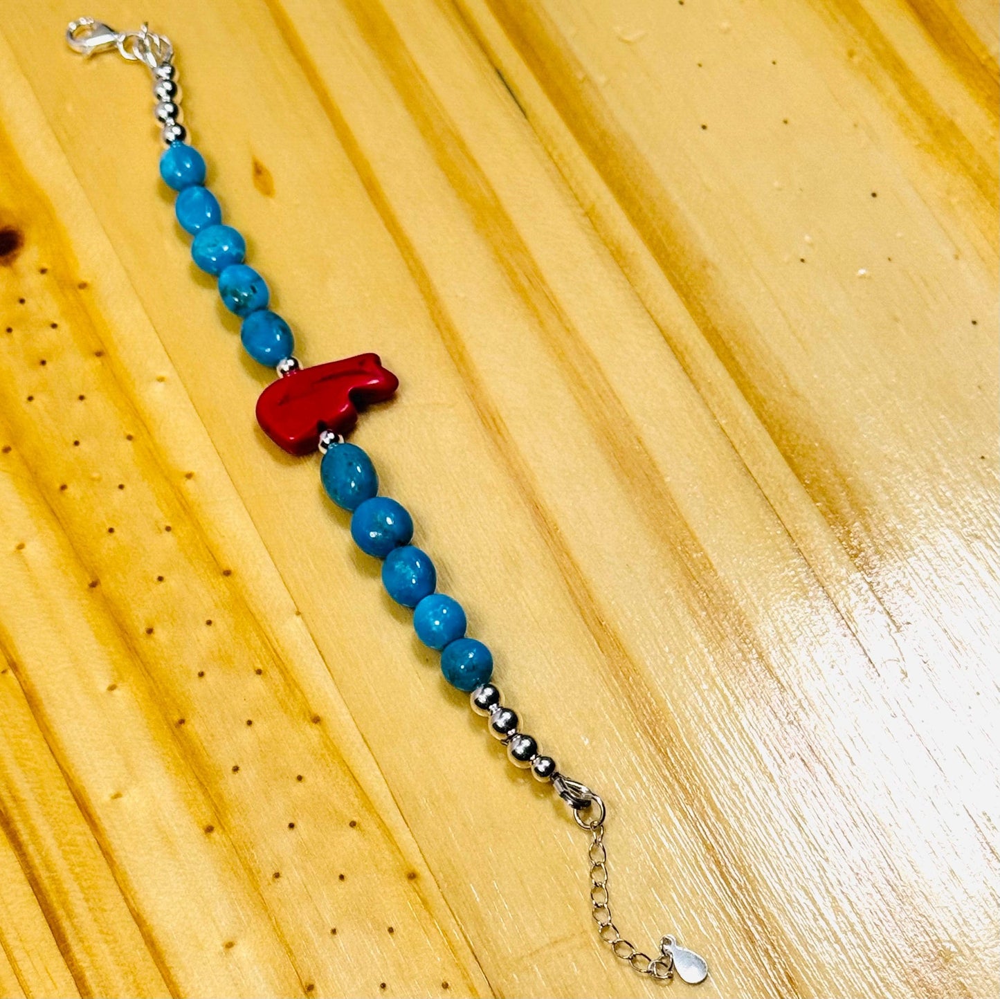 Handcrafted 925 Sterling Silver Bracelet – Apple Coral, Howlite-Turquoise Double Carved Stone Bear, Adjustable, Extender Chain 6.25” - 7.5”