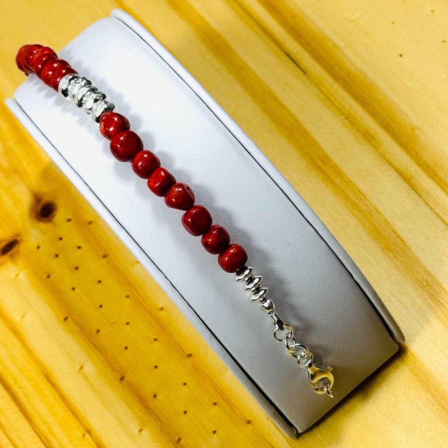 925 Sterling Silver Bracelet – Natural Apple Coral, Adjustable, Handcrafted, Karen Hill Tribe Sterling Silver Centerpiece Beads 6.25” - 7.5”