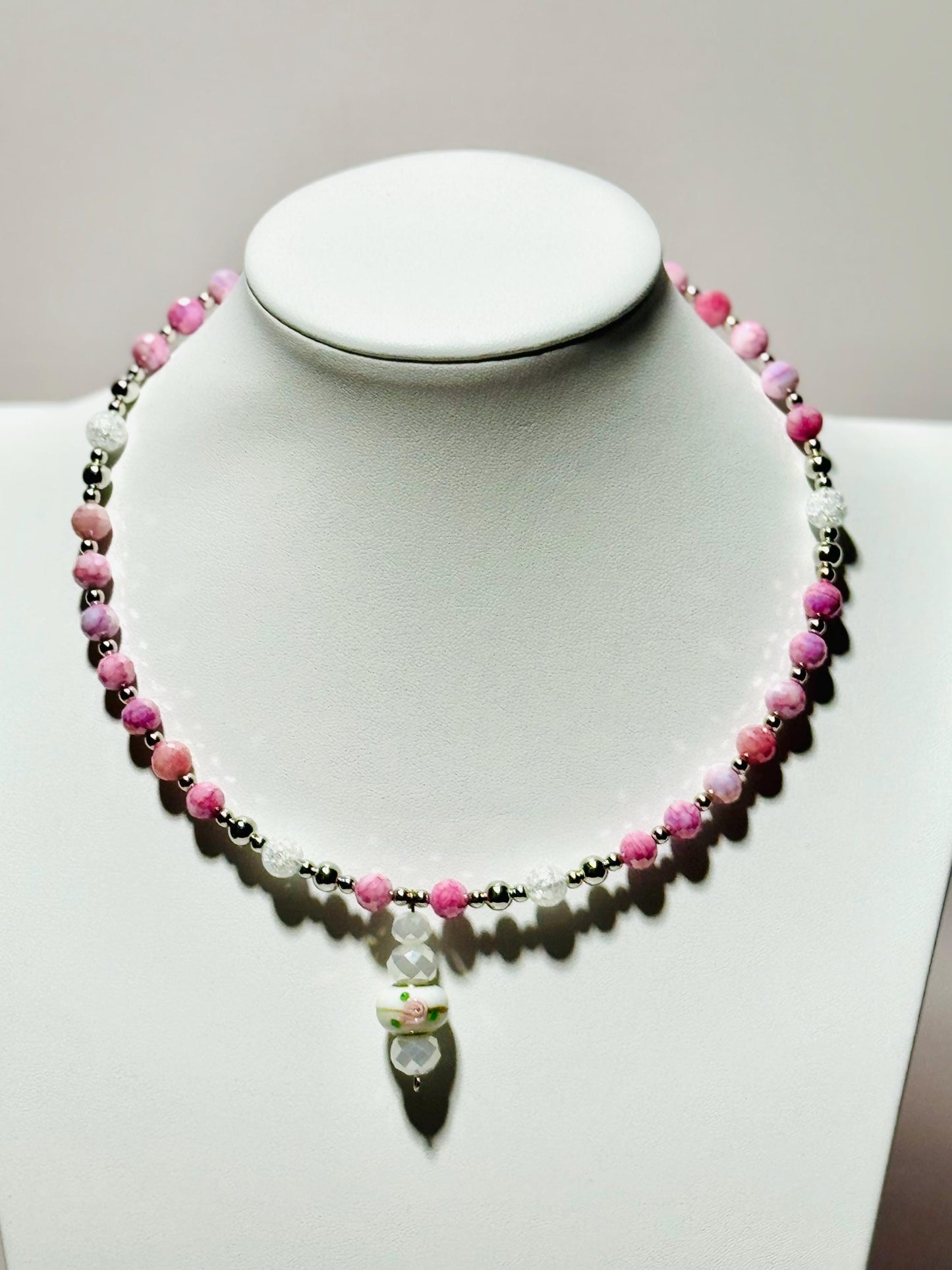 Beaded Pendant Necklace, Pink Choker Pendant Necklace, Rose Lamp Work Bead Pendant with Faceted White Glass Beads, 17”, Gift for Women