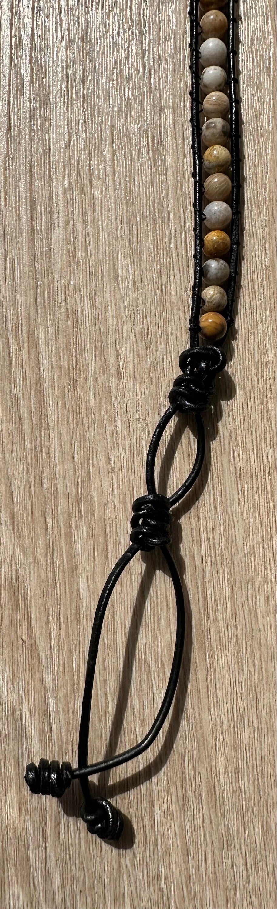Crazy Lace Agate Bracelet, Black Leather Bracelet, Agate Bracelet, Boho, Minimalist, Snake Knots, Metal Flower Button Closure, Joy 7.5”