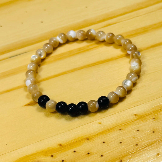Prosperity, Perseverance, Spiritual, Anxiety, Healing, Peace, Love, Heart Chakra, Mother of Pearl Stretch Bracelet, Black Onyx Bracelet 6.5”
