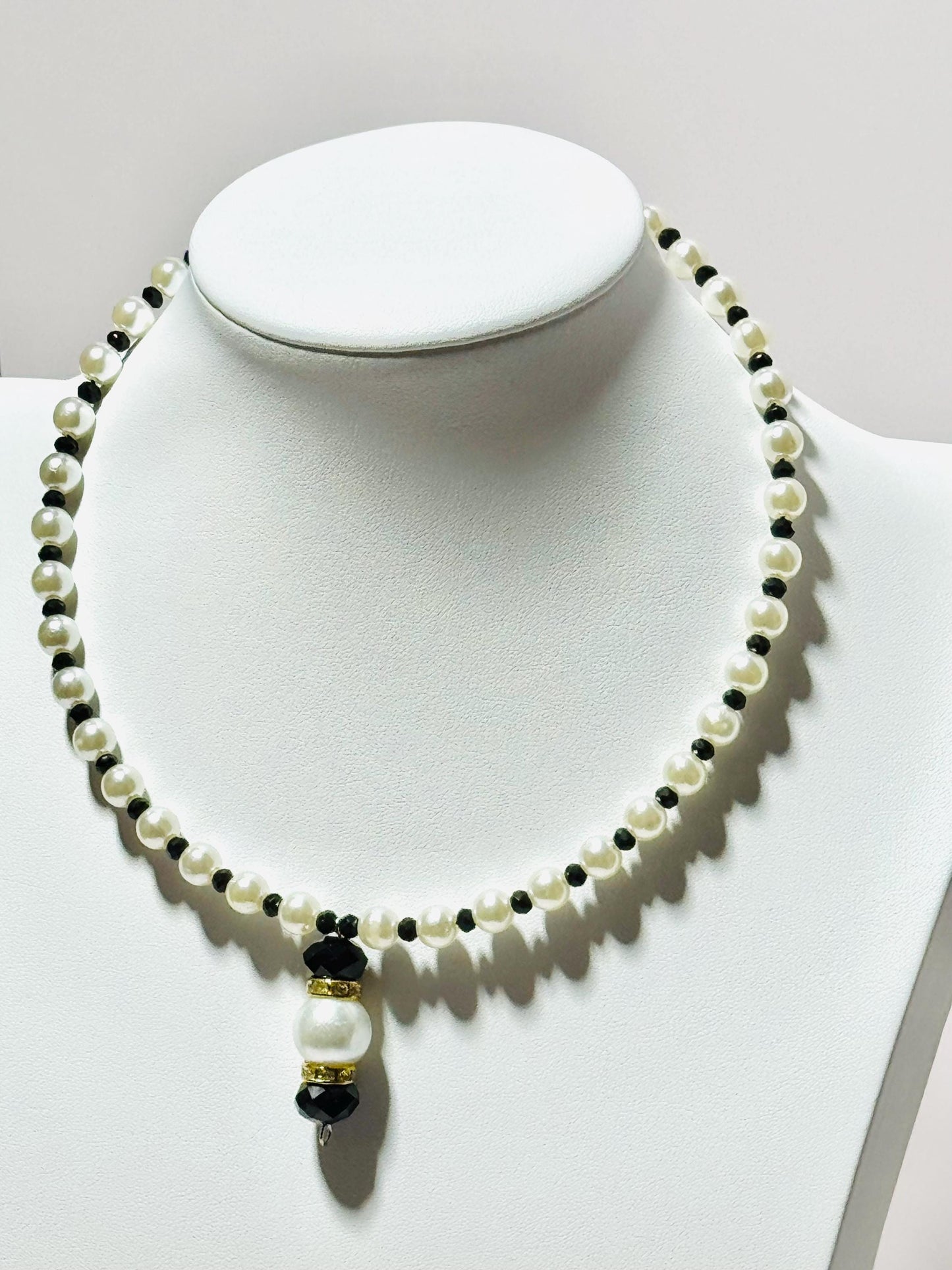 Beaded Pendant Necklace, Pearl Choker Pendant Necklace, Large Pearl & Faceted Black Beads Pendant, Rhinestone Rondelles, 17”, Gift for Her