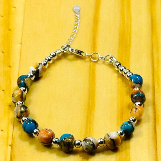 Handcrafted Kingman Bronze Spiny Oyster Turquoise Bracelet, 925 Sterling Silver, Adjustable with Extender Chain. 7” - 8.25”