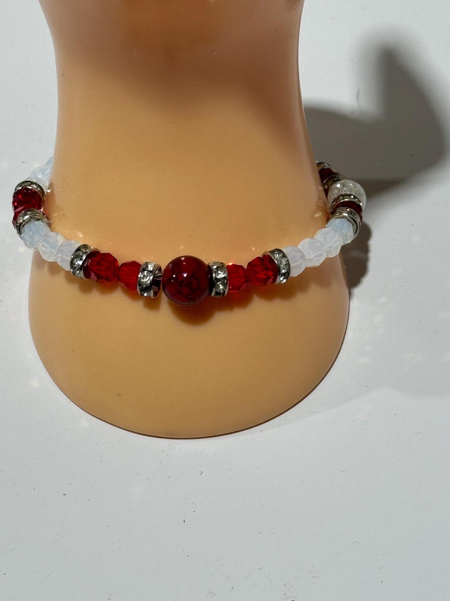 Rhinestone Red Quartzite Bracelet, Stretch Bracelet Handmade Beaded Bracelet, Red & White Faceted Glass Beads - Stacking, Boho, 7 1/2” Gift