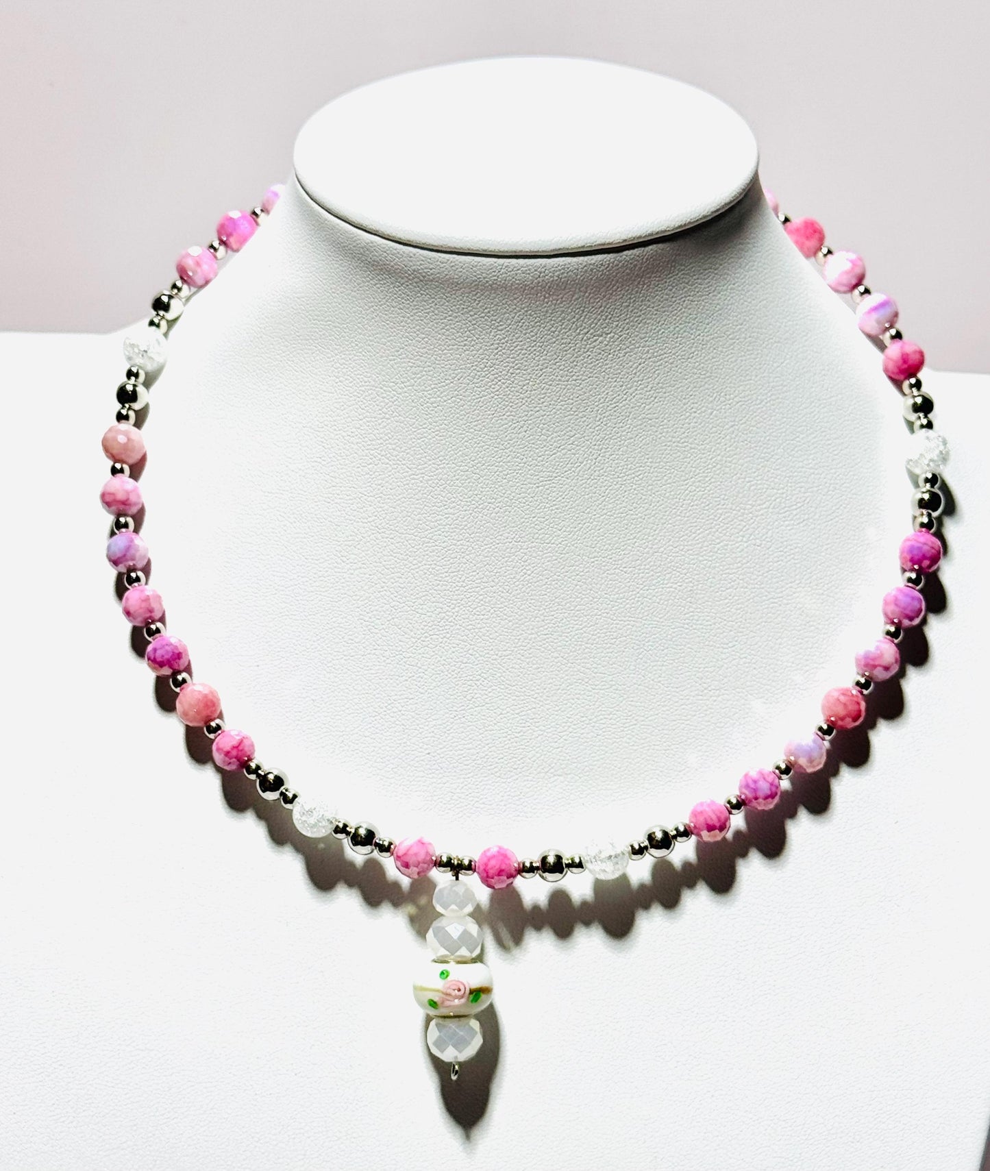 Beaded Pendant Necklace, Pink Choker Pendant Necklace, Rose Lamp Work Bead Pendant with Faceted White Glass Beads, 17”, Gift for Women