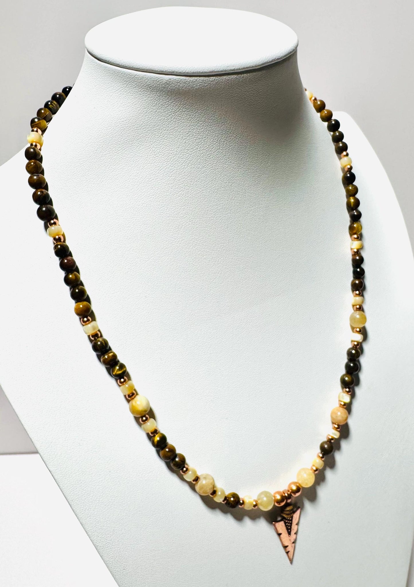 Tiger Eye Pendant Necklace, Arrowhead Pendant Necklace, Minimalist, Boho, Agate Semi Precious Stones, Gift for Her, 21”  Prosperity, Courage