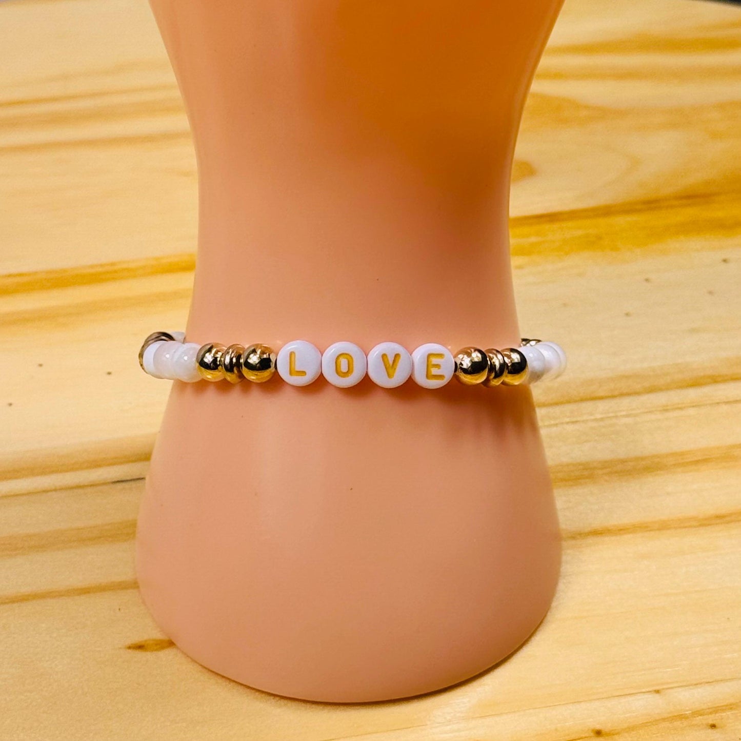 Love Charm Stretch Bracelet, Mother of Pearl Bracelet, Boho, Stacking, Prosperity Intuition Imagination Handmade Beaded Holiday Gift 7”