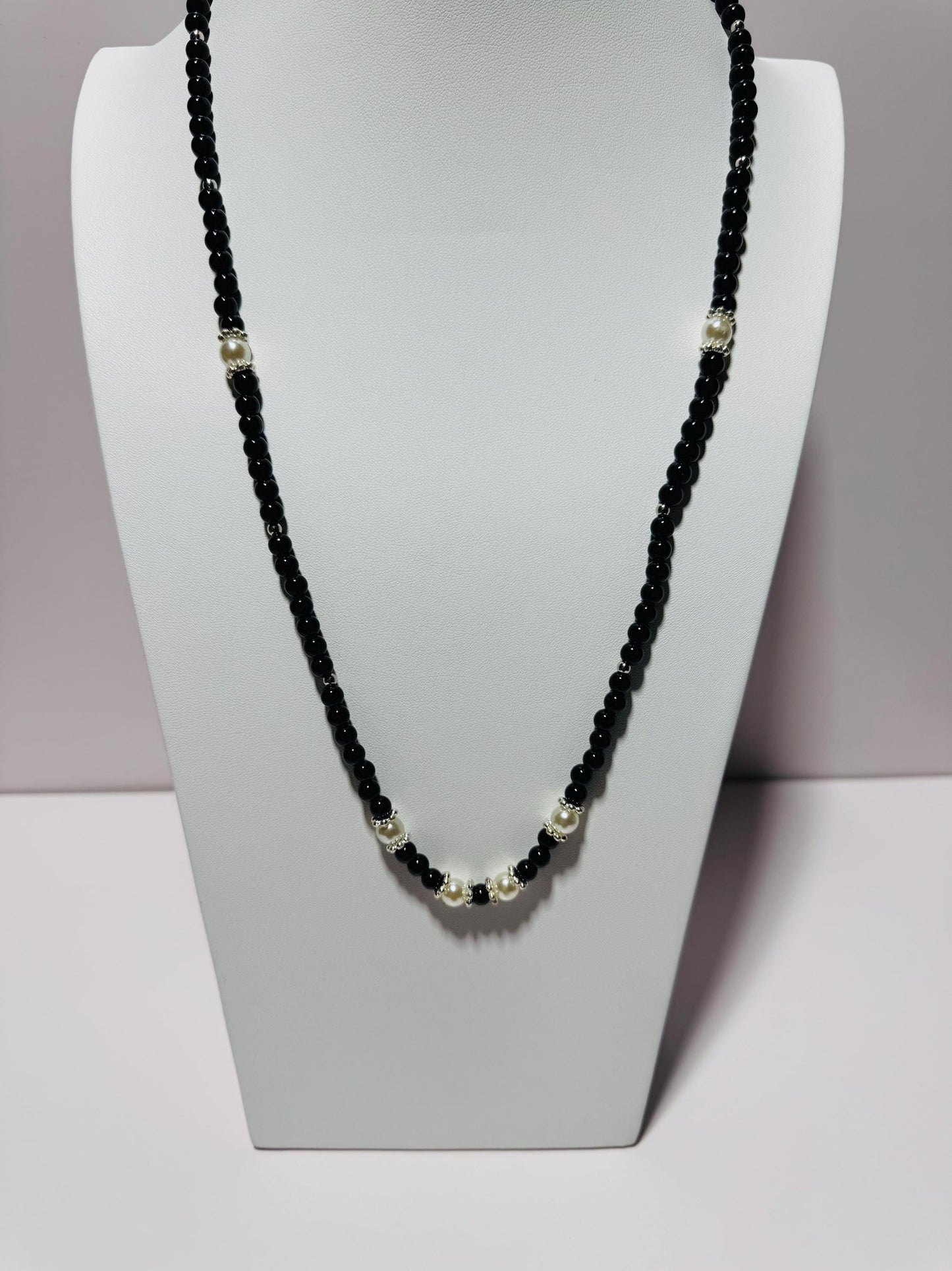 Black Onyx Beaded Necklace, Pearl Necklace, Beaded Necklace,  Healing Necklace, Handmade Necklace 28 3/4”, Strength, Confidence, Resilience