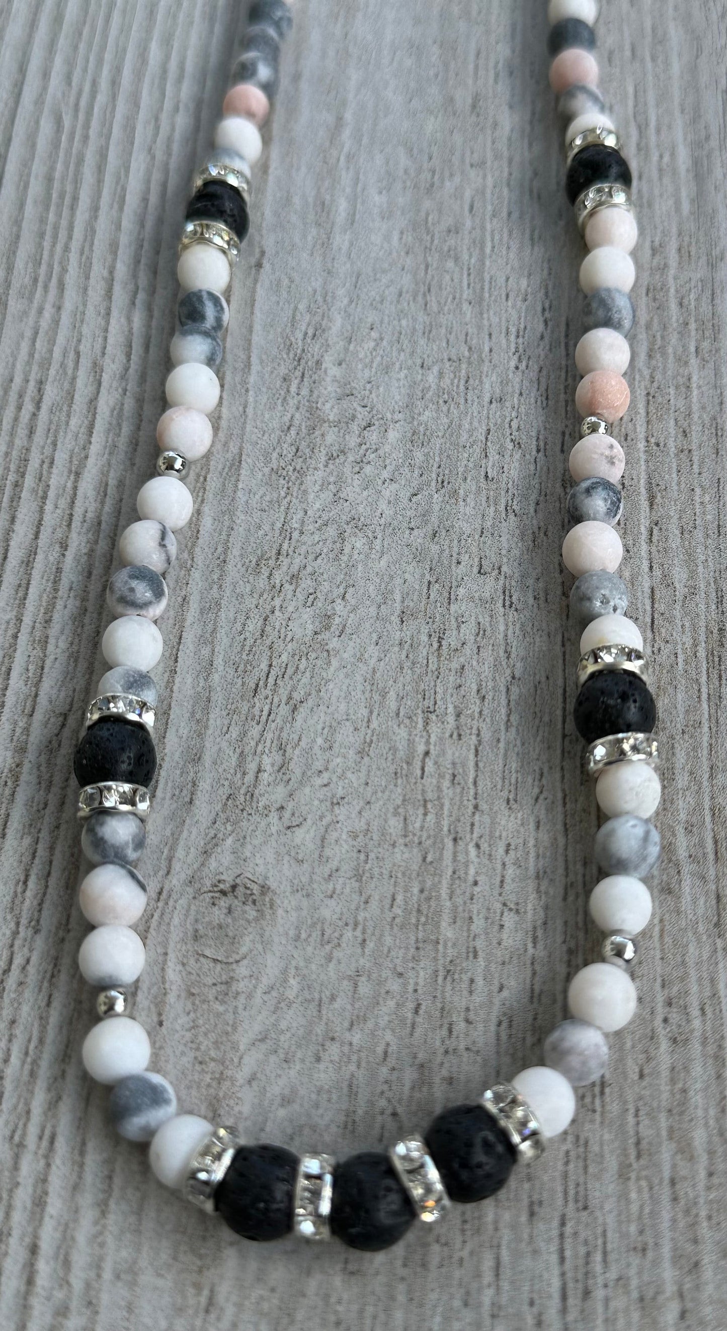 Pink Zebra Jasper Necklace, Lava Stones, Jasper Necklace, Diffuser, Gift for Her, 21”, Aromatherapy Essential Oils, Empowering, Stability