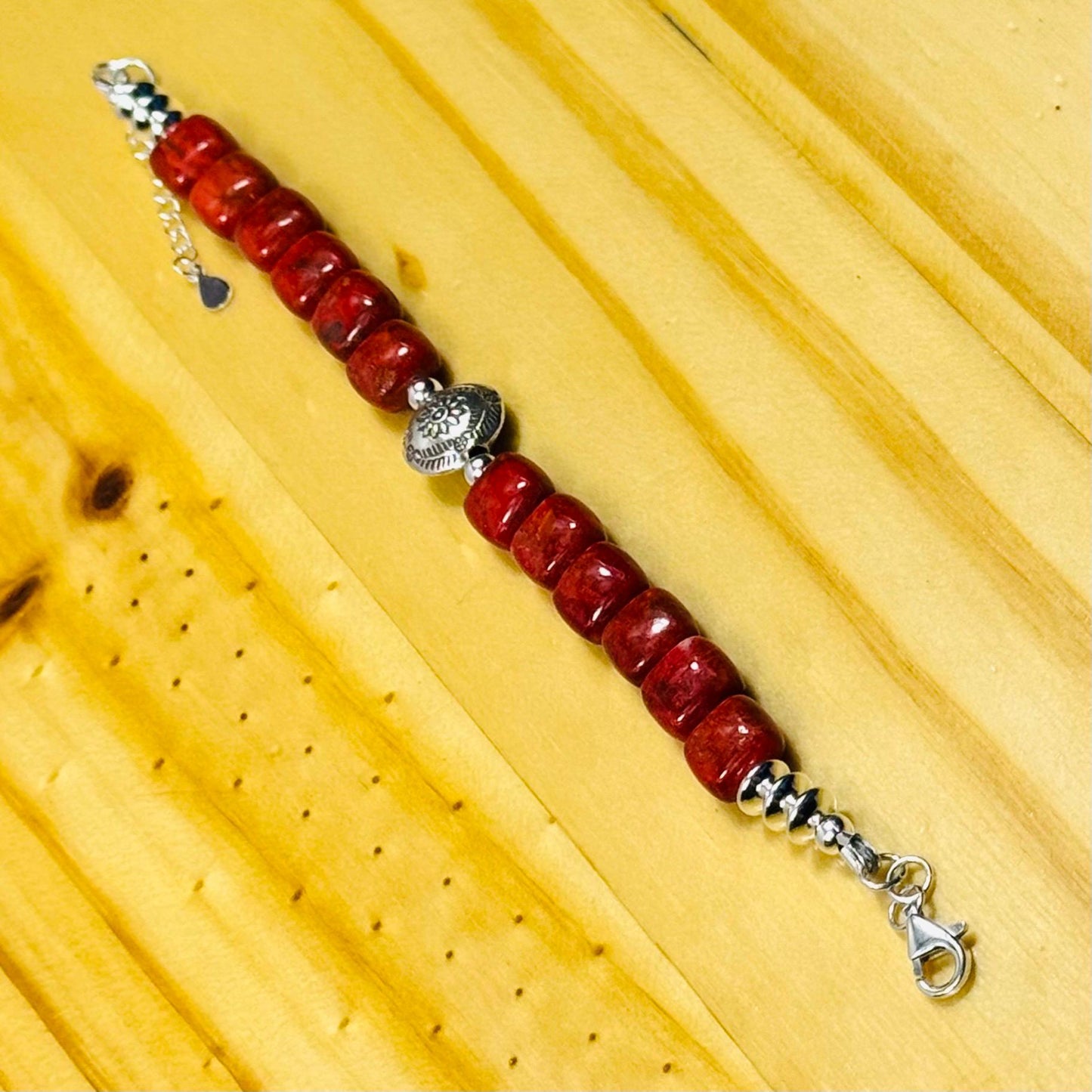 925 Sterling Silver Bracelet – Natural Apple Coral, Adjustable, Handcrafted, Karen Hill Tribe Sterling Silver Floral Centerpiece 7” - 8.25”