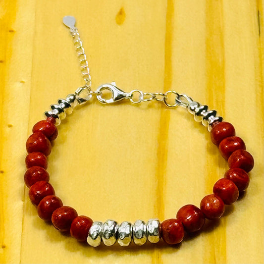 925 Sterling Silver Bracelet – Natural Apple Coral, Adjustable, Handcrafted, Karen Hill Tribe Sterling Silver Centerpiece Beads 6.25” - 7.5”