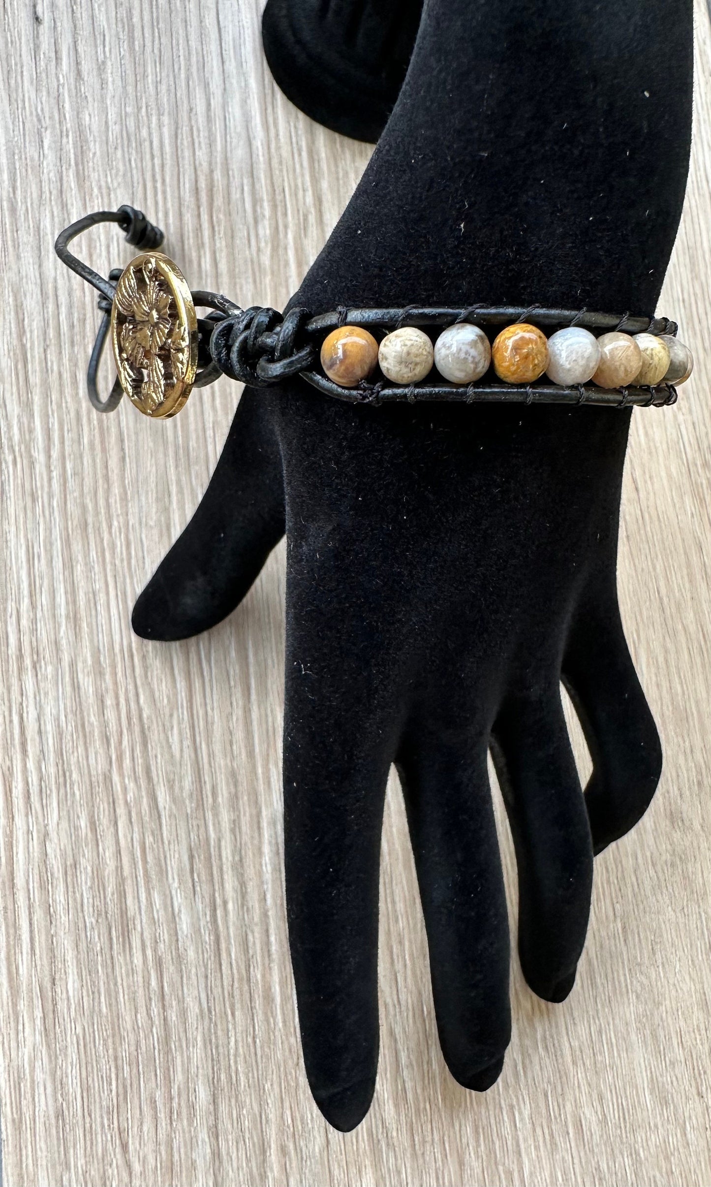 Crazy Lace Agate Bracelet, Black Leather Bracelet, Agate Bracelet, Boho, Minimalist, Snake Knots, Metal Flower Button Closure, Joy 7.5”