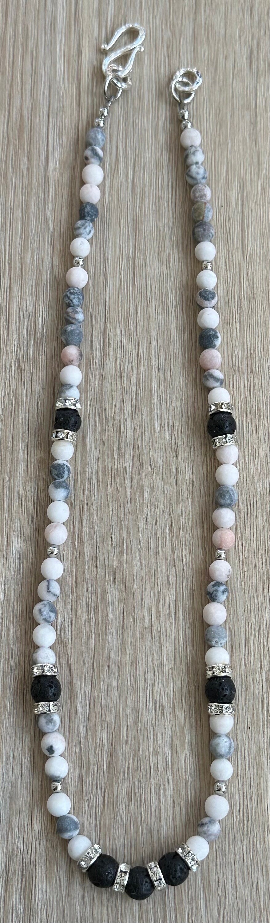 Pink Zebra Jasper Necklace, Lava Stones, Jasper Necklace, Diffuser, Gift for Her, 21”, Aromatherapy Essential Oils, Empowering, Stability