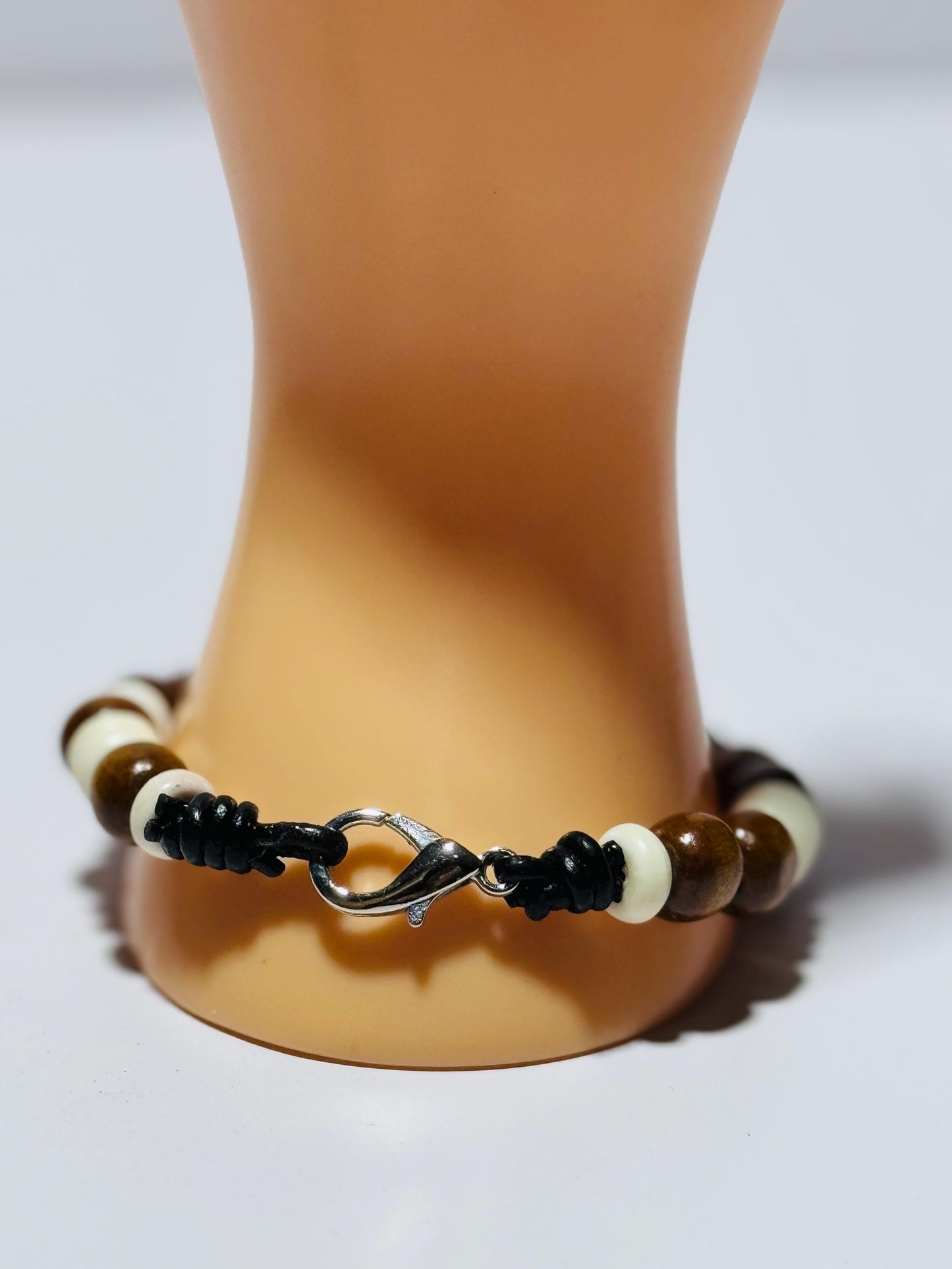 Biker Bone Bracelet, Motorcycle Wood Bracelet, Wood Bracelet, Bone Bracelet, Boho, Leather Bracelet, Lobster Claw, 8”
