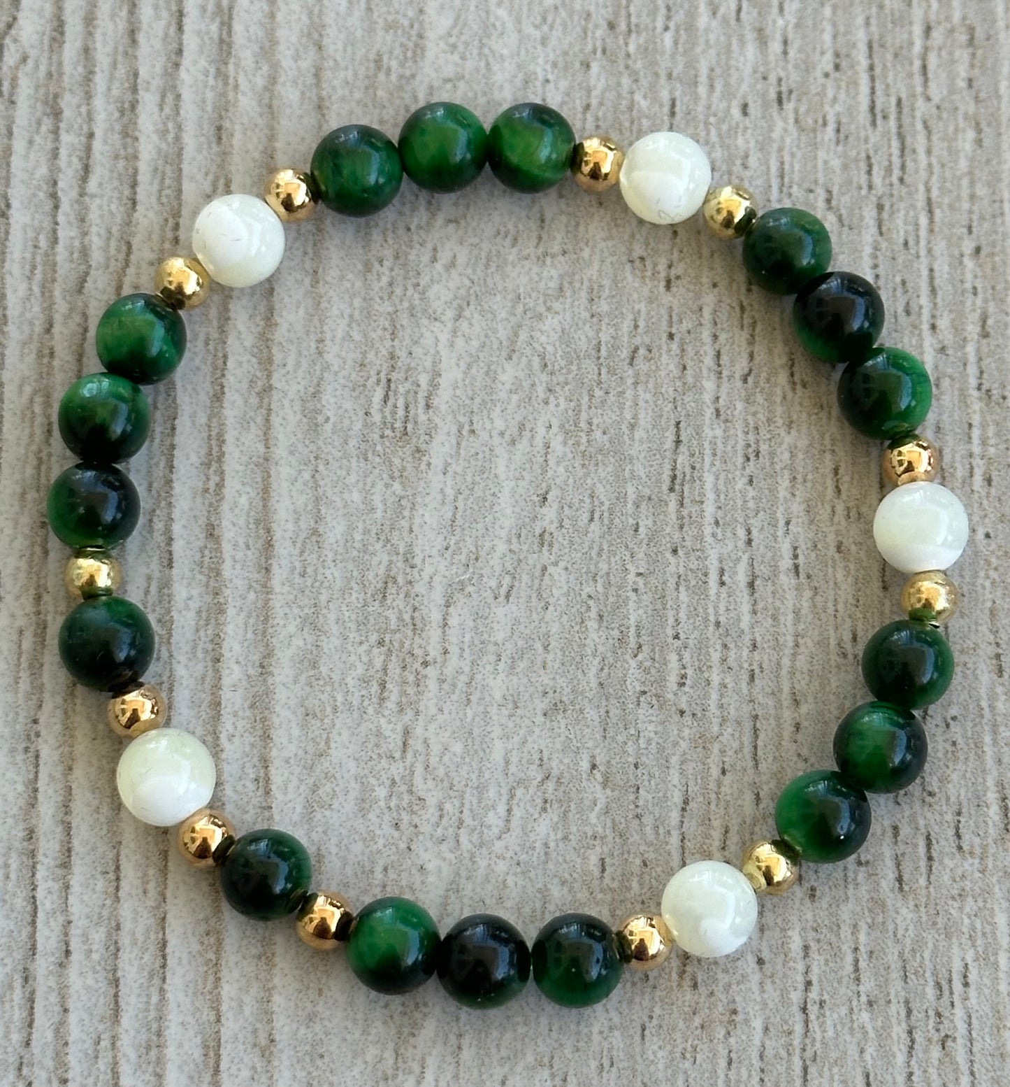 Balance, Courage, Stability, Anxiety, Heart Chakra, Spirituality, Strength, Willpower, Grounding, Green Tiger Eye Stretch Bracelet, 6.5”